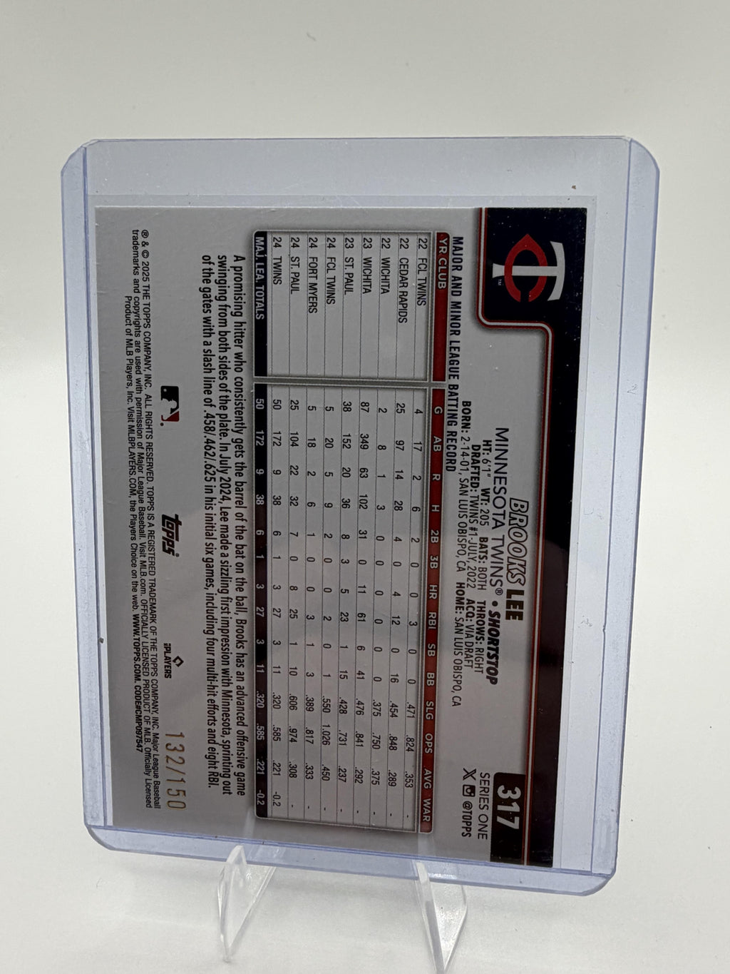 2025 Topps Brooks Lee BLUE HOLO FOIL #317 Twins Rookie RC SER /150
