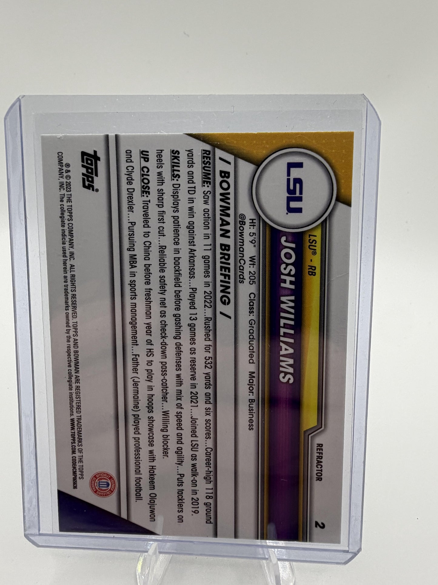 2023 Bowman Chrome University Josh Williams 1st Bowman Refractor Card #2 LSU
