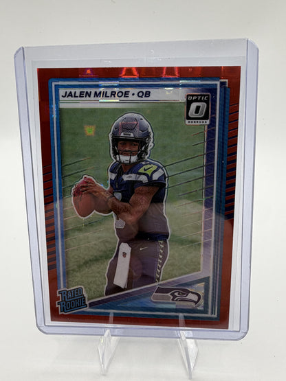 2025 Panini Donruss Jalen Milroe Optic Preview Red Prizm RC Card #307 Seahawks