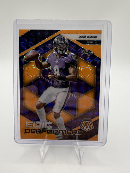 2025 Panini Mosaic Lamar Jackson Epic Performers Orange Prizm Card #3 Ravens