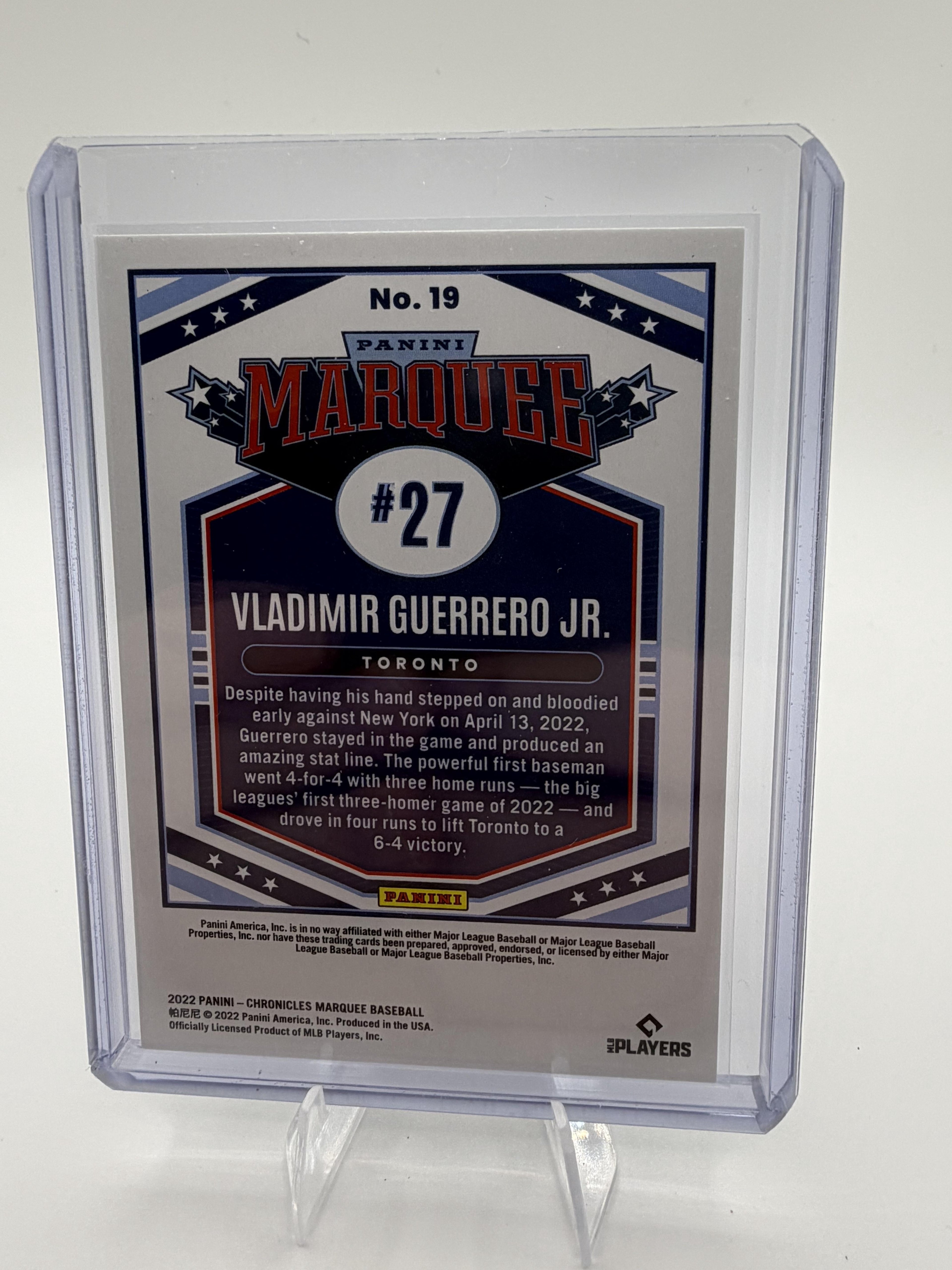 2022 Panini Chronicles Marquee Vladimir Guerrero Jr. #19 Blue Jays Card