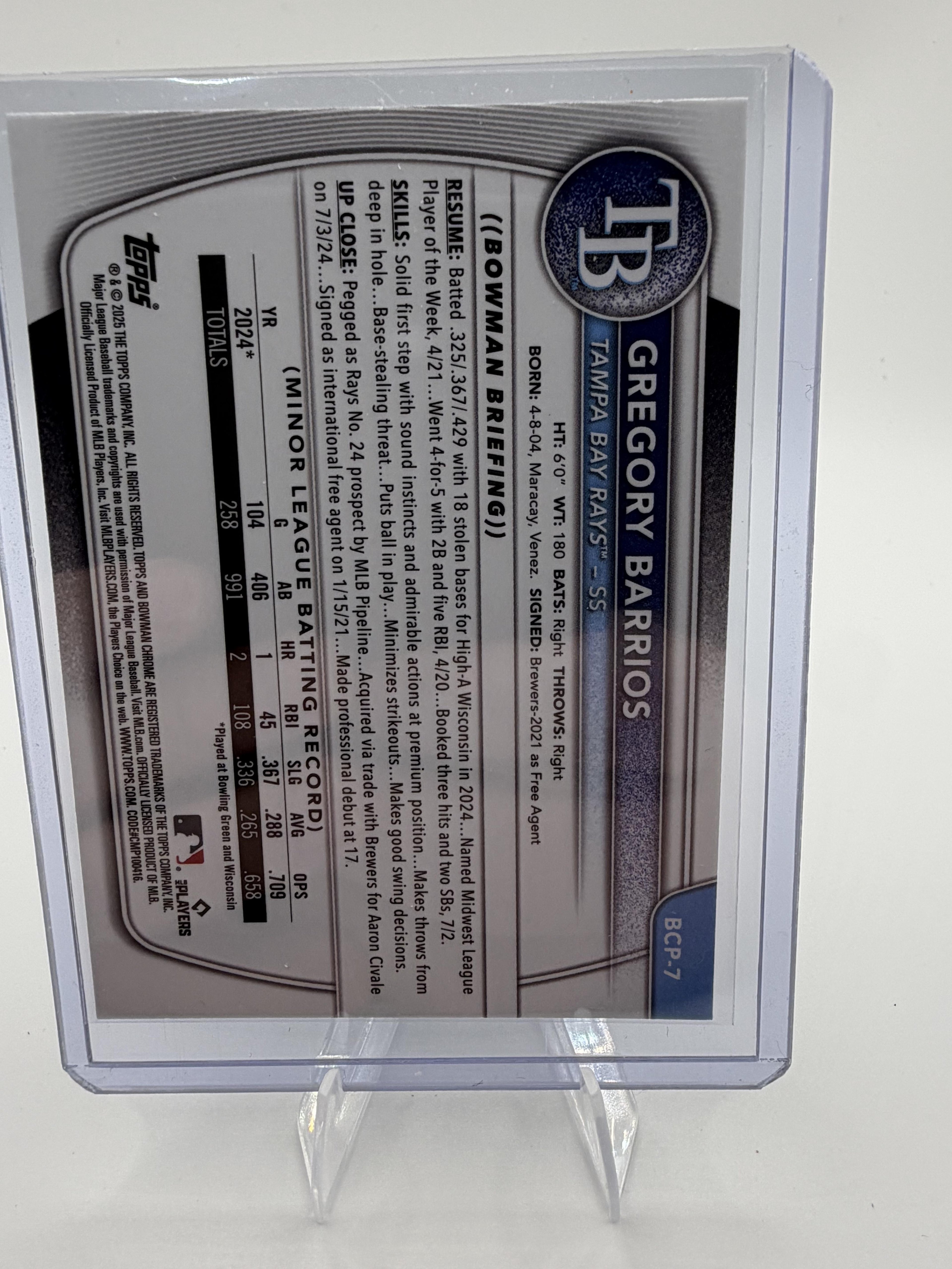 2025 Bowman Chrome Gregory Barrios 1st Bowman Card #BCP-7 Tampa Bay Rays