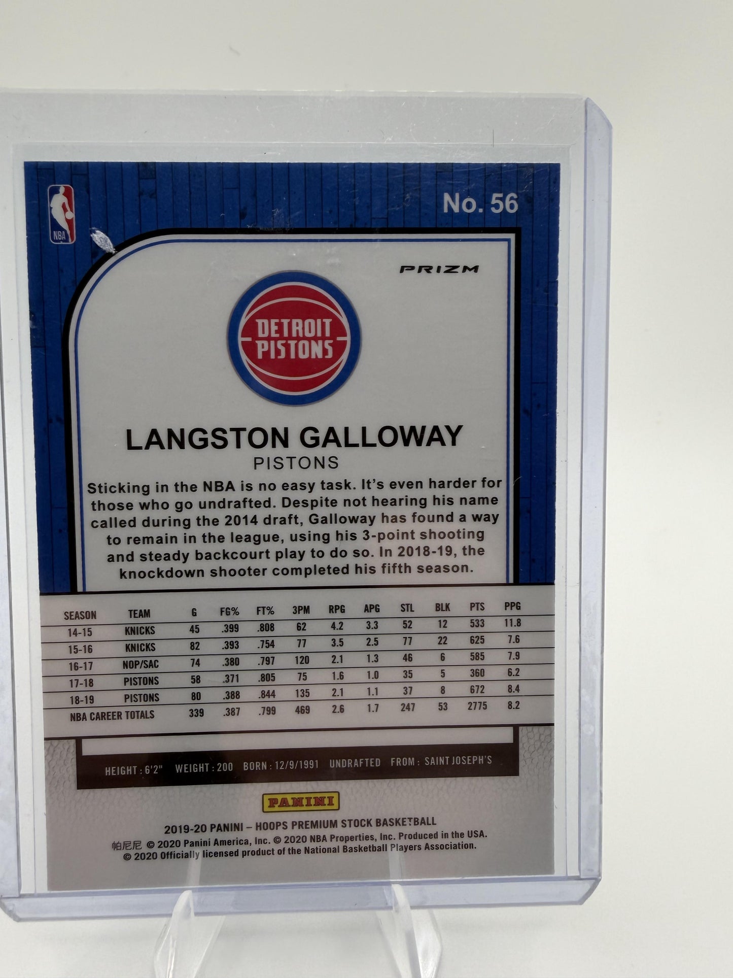 2019-20 Panini Hoops Premium Stock Langston Galloway Purple Disco Prizm Card #56