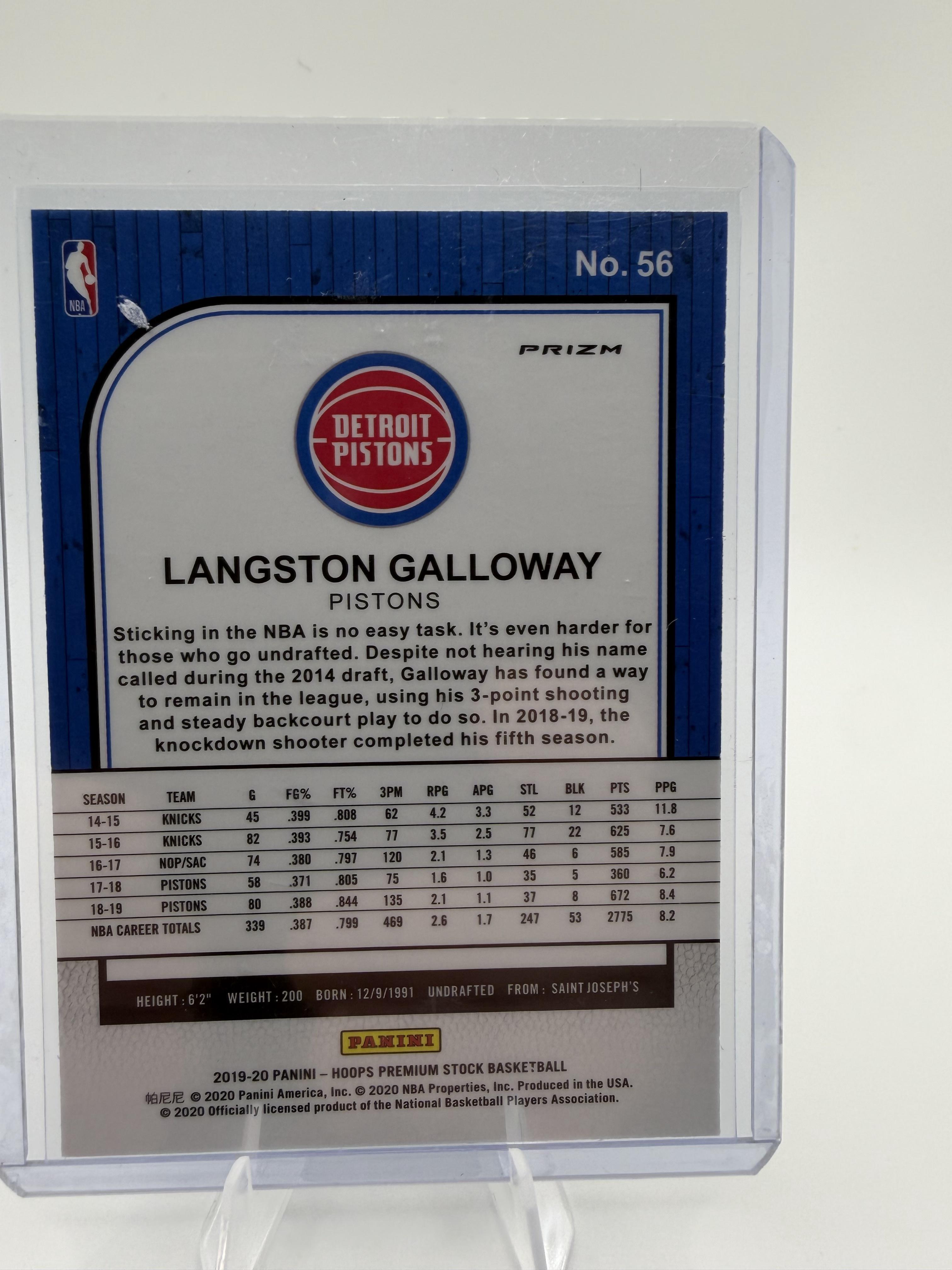 2019-20 Panini Hoops Premium Stock Langston Galloway Purple Disco Prizm Card #56