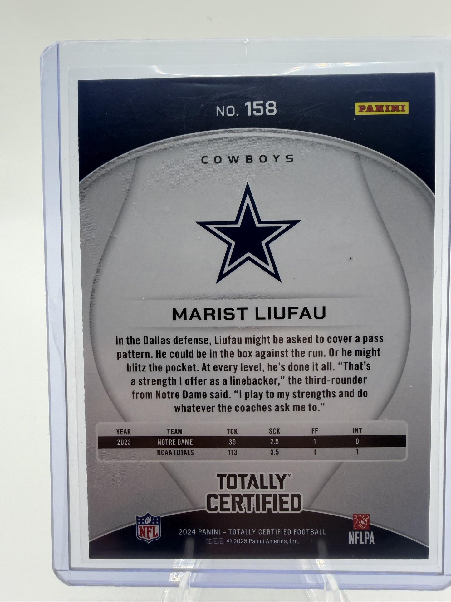 2024 Panini Totally Certified Marist Liufau Purple Rookie Card #158 Cowboys