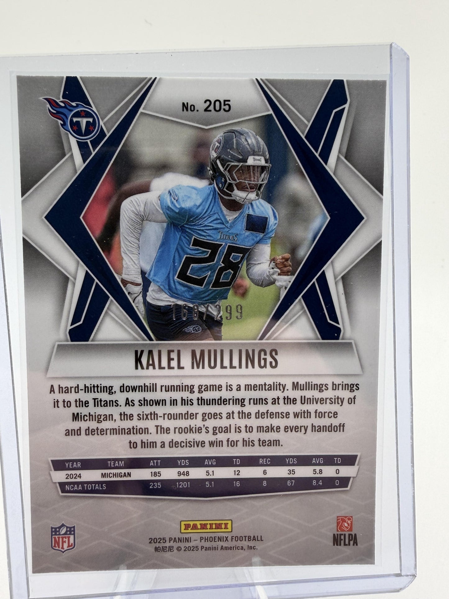 2025 Panini Phoenix Kalel Mullings Pink Parallel Rookie Card #205 /299 Titans