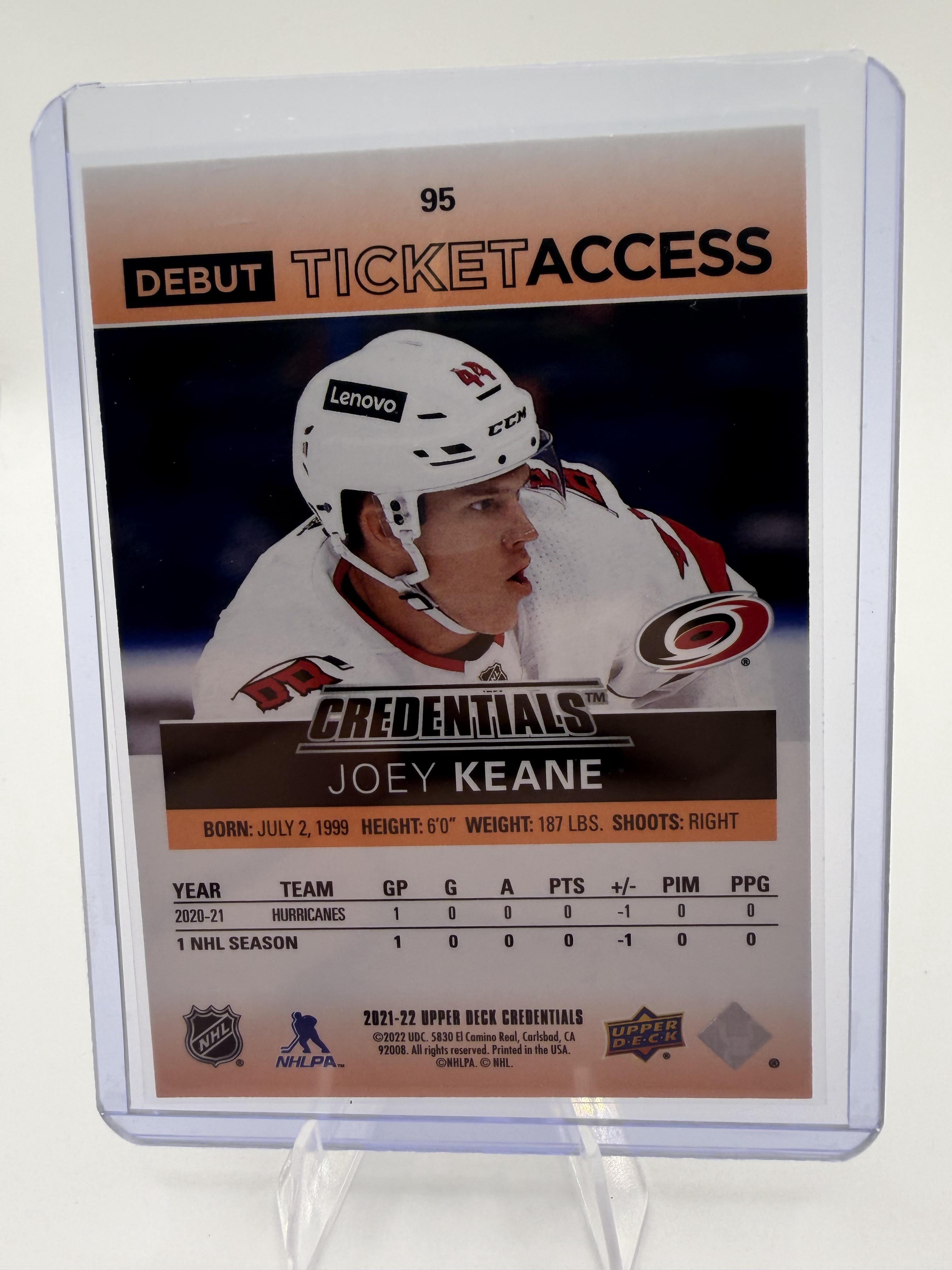 2021-22 Upper Deck Credentials Joey Keane RC Orange Card /149 Hurricane