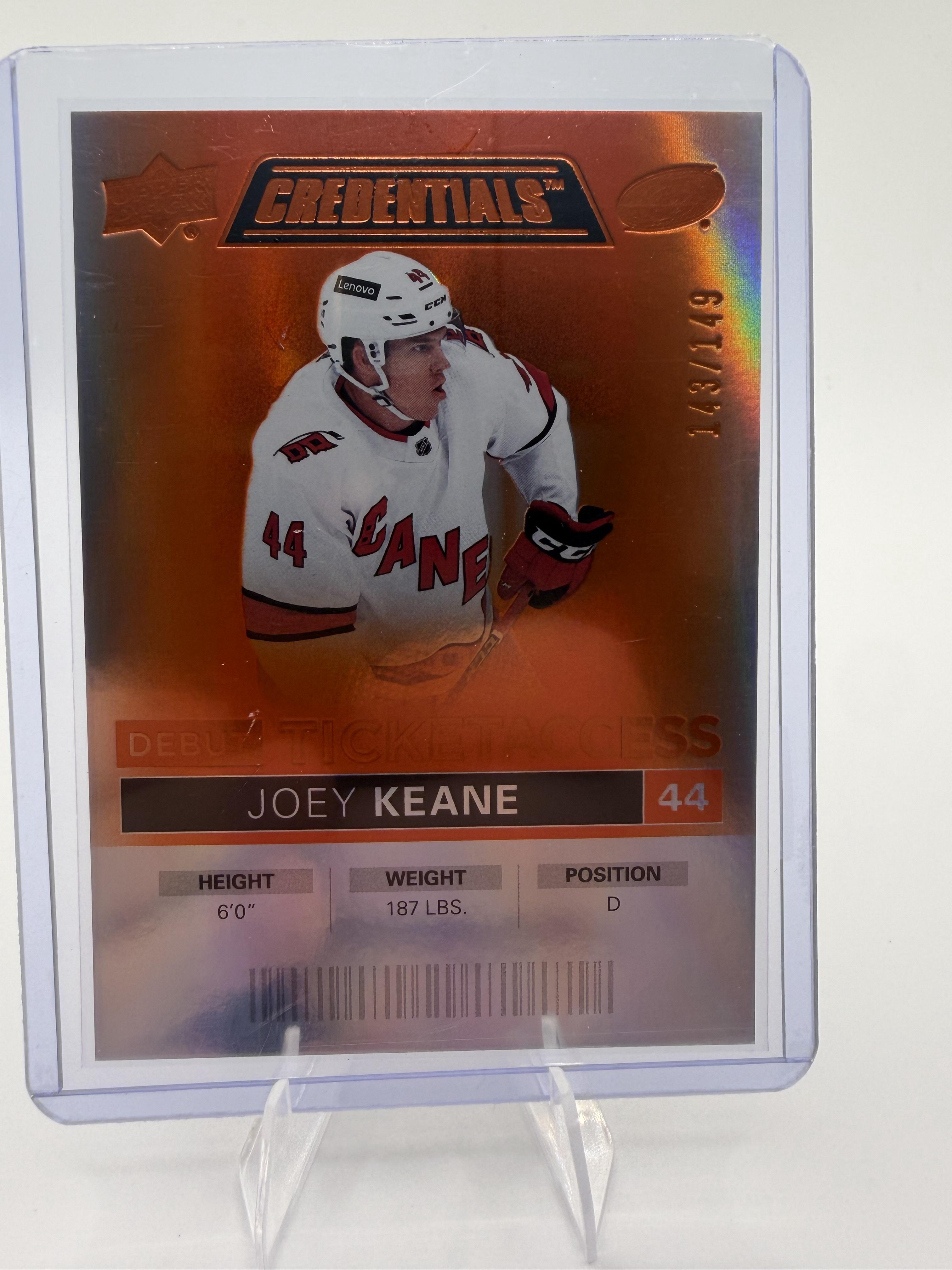 2021-22 Upper Deck Credentials Joey Keane RC Orange Card /149 Hurricane