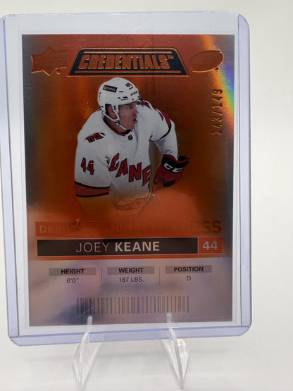 2021-22 Upper Deck Credentials Joey Keane RC Orange Card /149 Hurricane