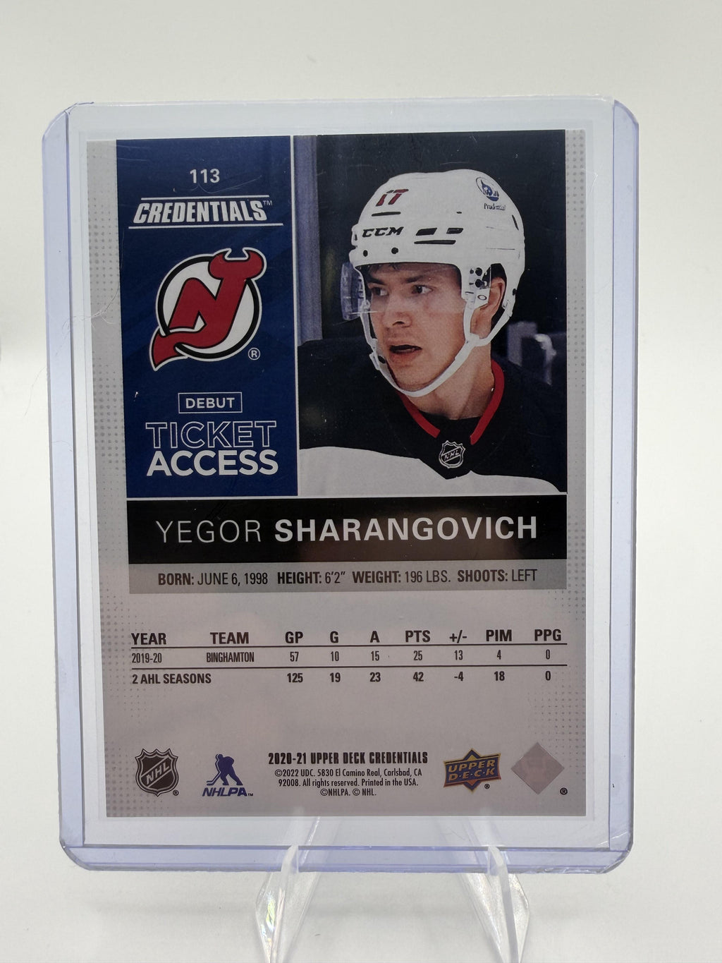 2020-21 Upper Deck Credentials Yegor Sharangovich Debut Ticket RC Card /799