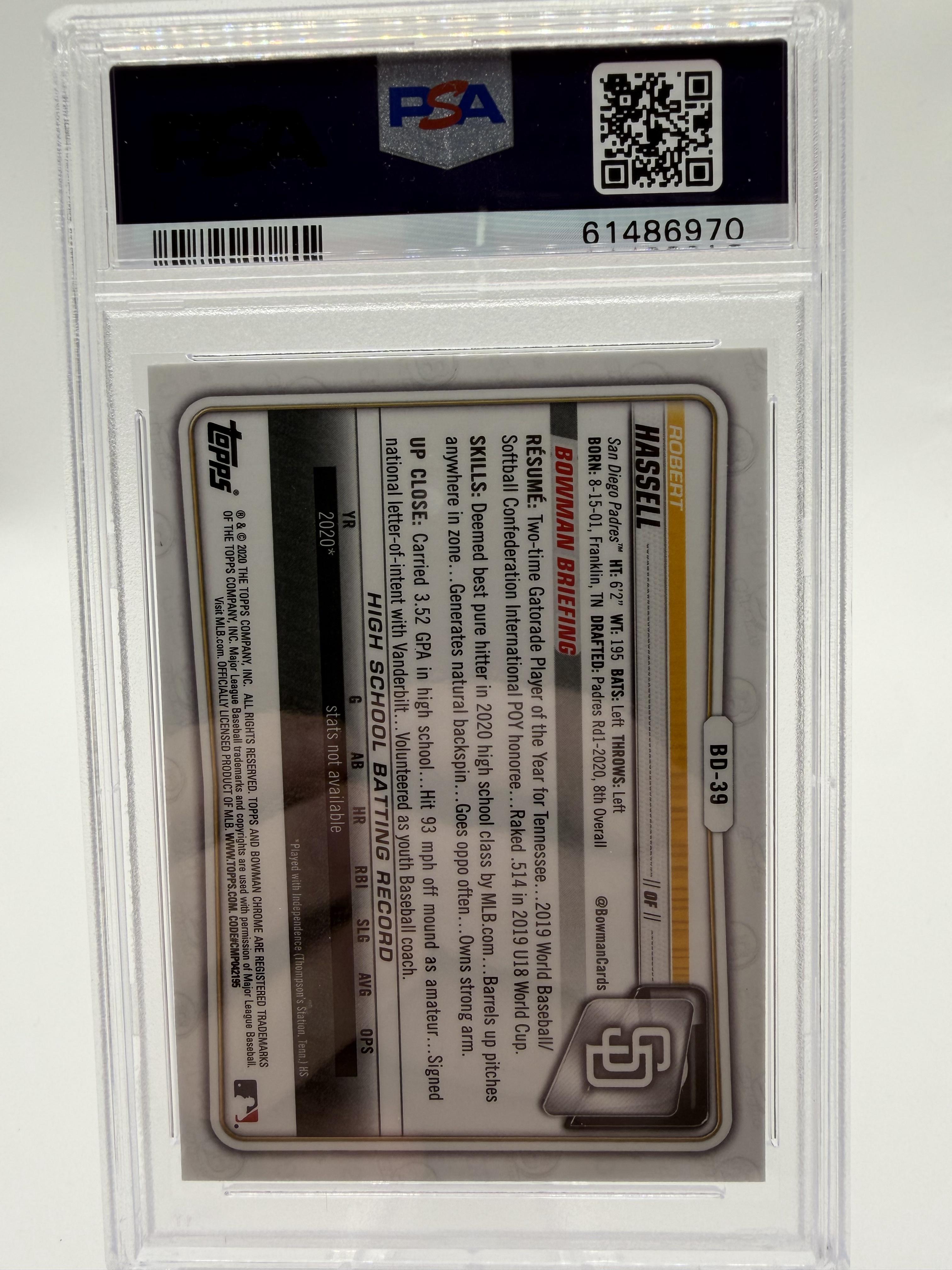 2020 Bowman Draft Robert Hassell 1st Chrome PSA 10 Gem Mint #BD39 Padres Card