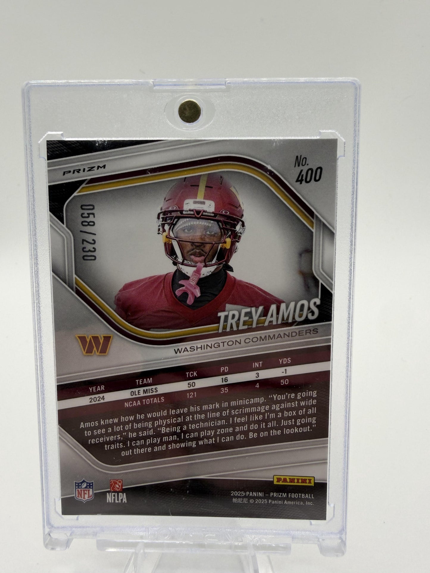 2025 Panini Prizm Trey Amos Rookie Card RC Blue Shimmer /230 #400 Commanders
