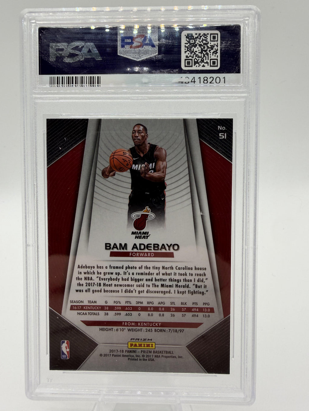 2017 Panini Prizm Bam Adebayo Silver Prizm Card #51 PSA 9 MINT Rookie RC