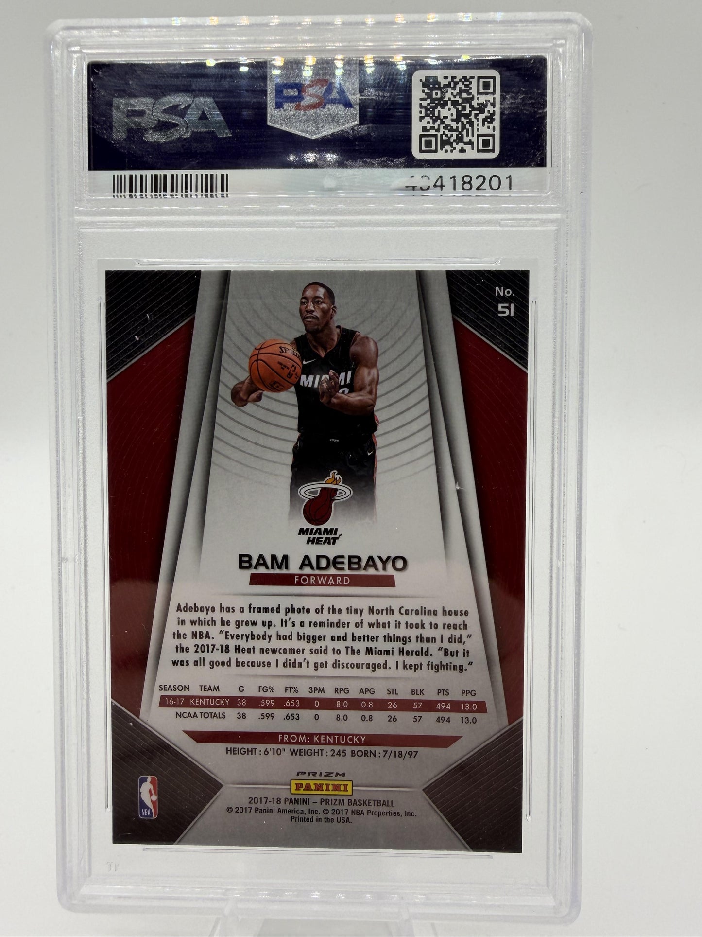 2017 Panini Prizm Bam Adebayo Silver Prizm Card #51 PSA 9 MINT Rookie RC