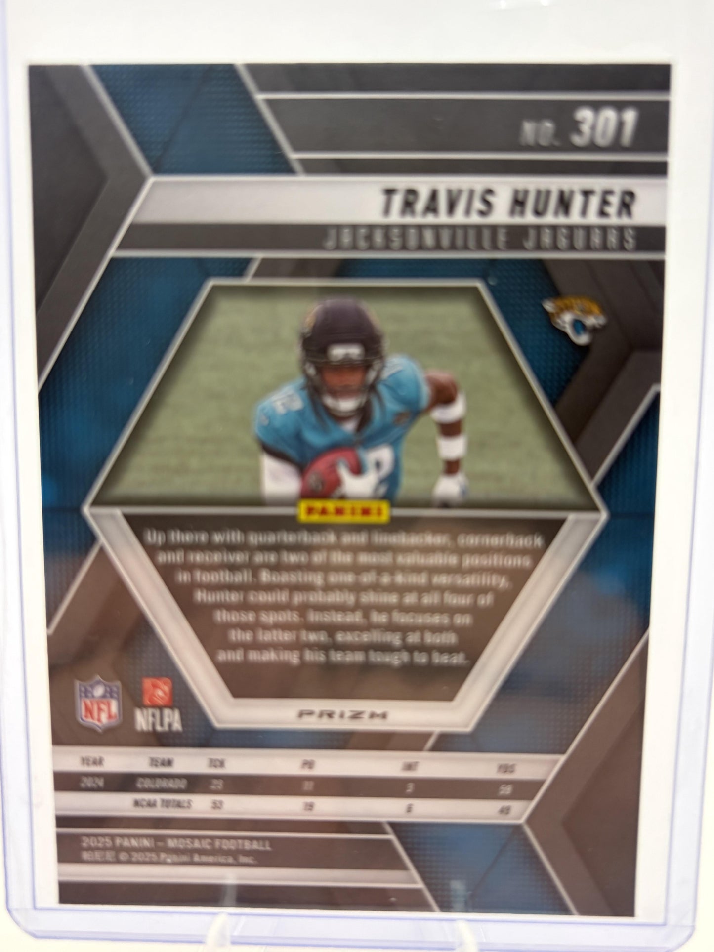 2025 Panini Mosaic Travis Hunter Rookie Card #301 Purple Mosaic Prizm Card