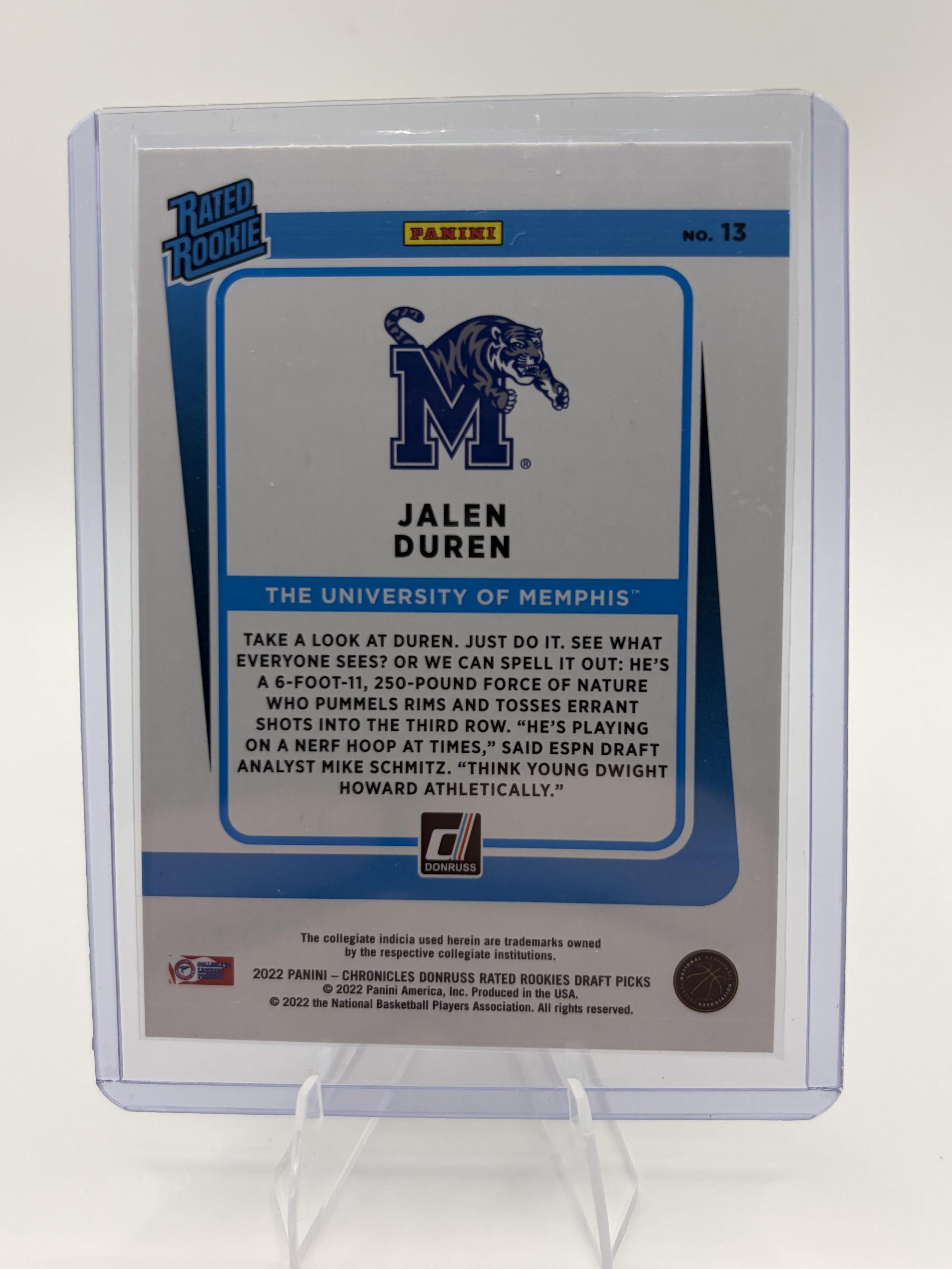 2022 Panini Chronicles Jalen Duren Rated Rookie RC Card #13 Memphis
