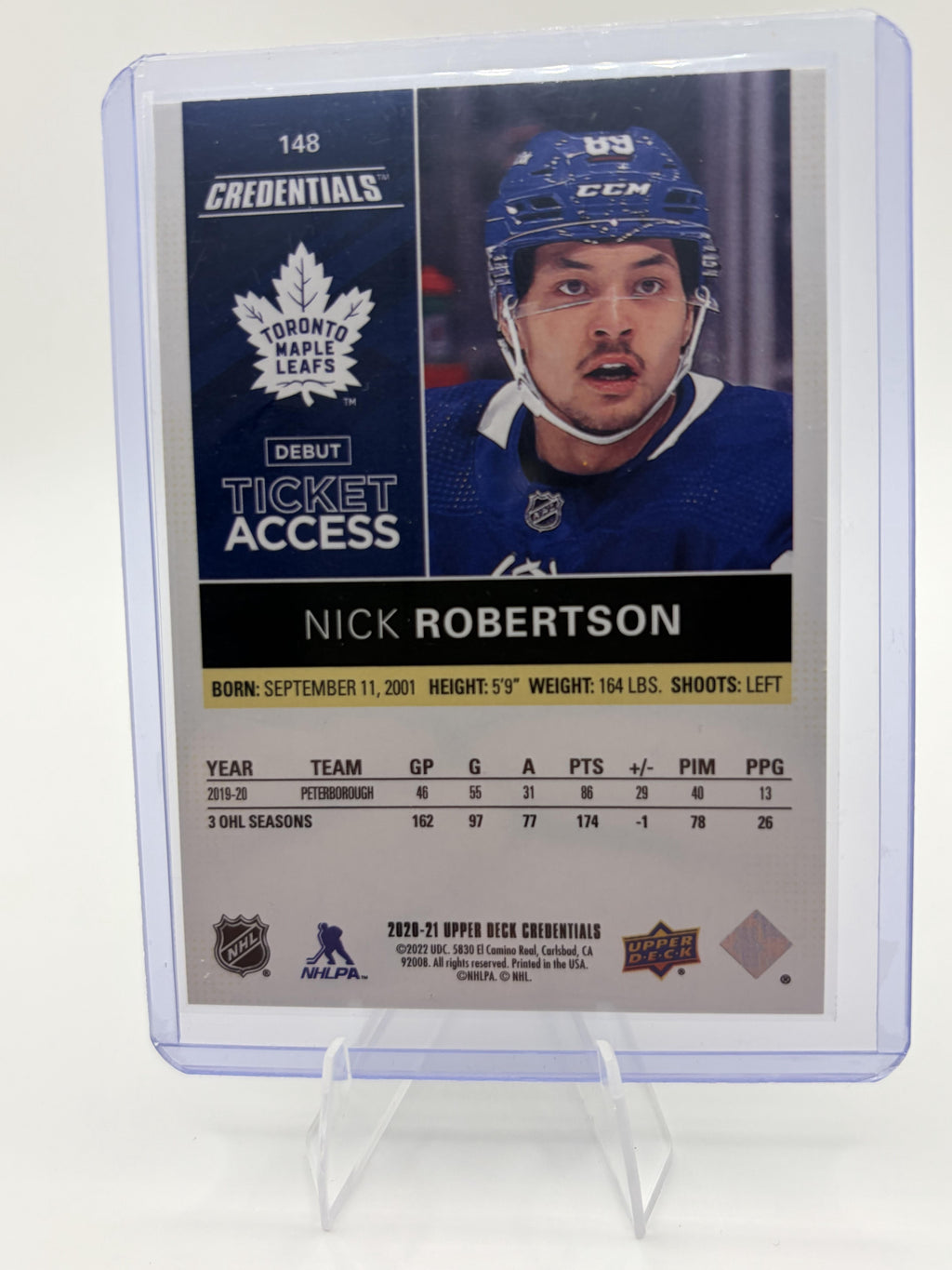 2020-21 UD Credentials Nick Robertson Debut Ticket Access RC Card /249 #148