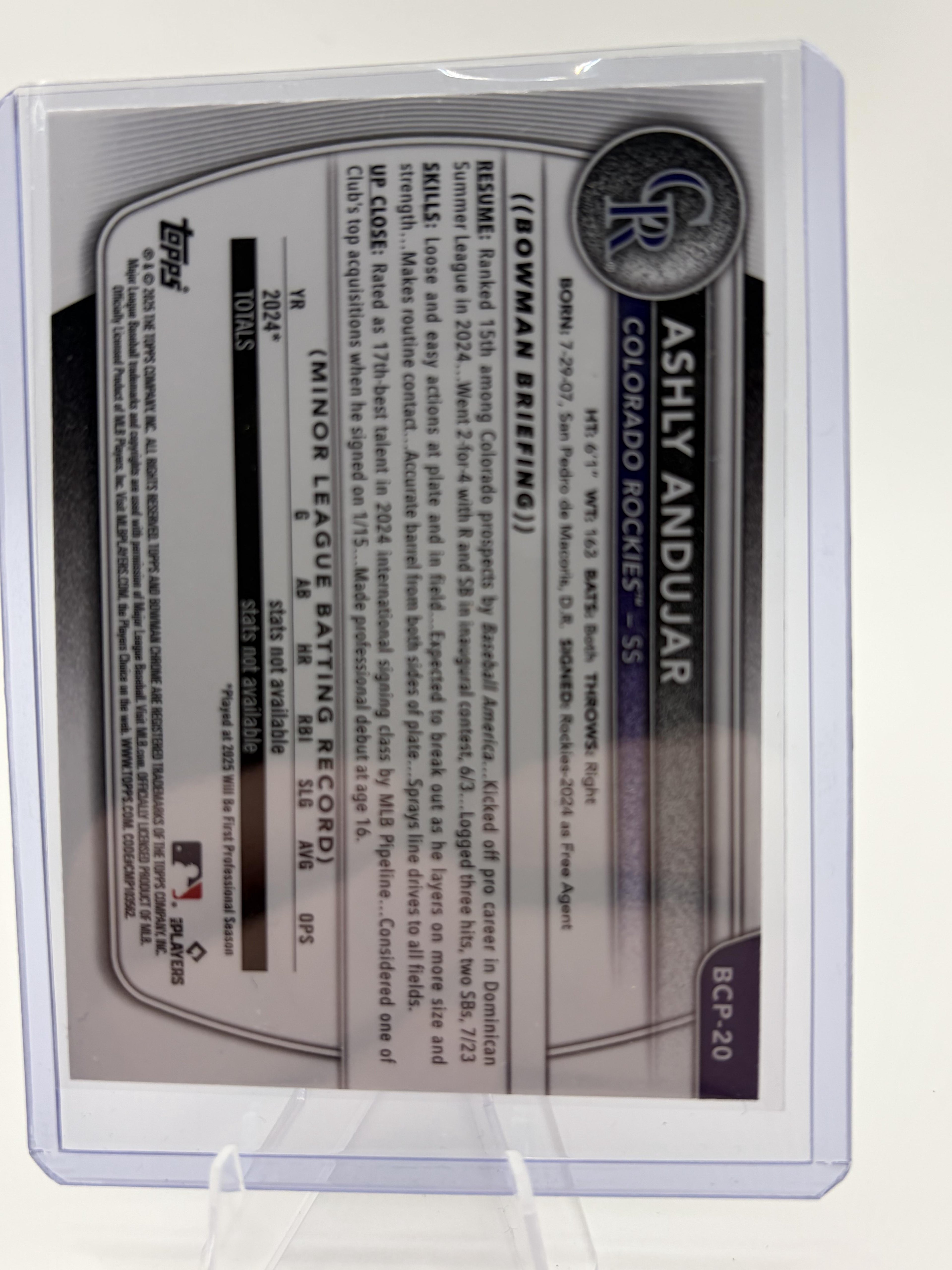 2025 Bowman Chrome Ashly Andujar 1st Bowman Mojo Refractor Card BCP-20 Rockies