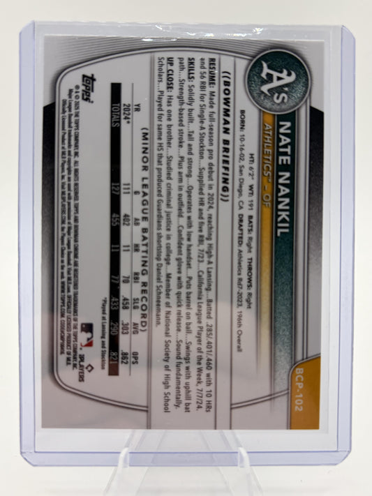 2025 Bowman Chrome Nate Nankil 1st Bowman Card BCP-102 Oakland Athletics