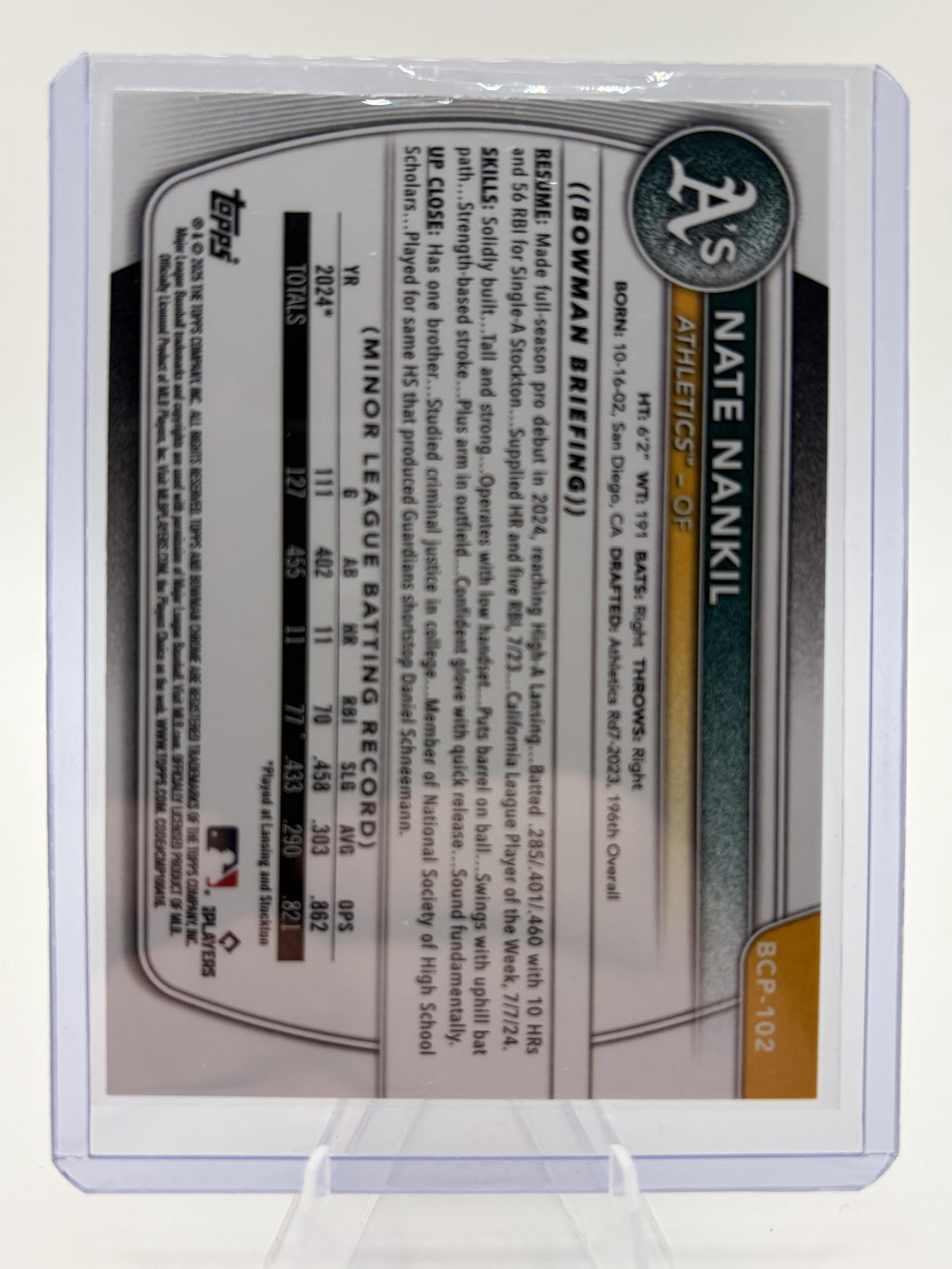 2025 Bowman Chrome Nate Nankil 1st Bowman Card BCP-102 Oakland Athletics