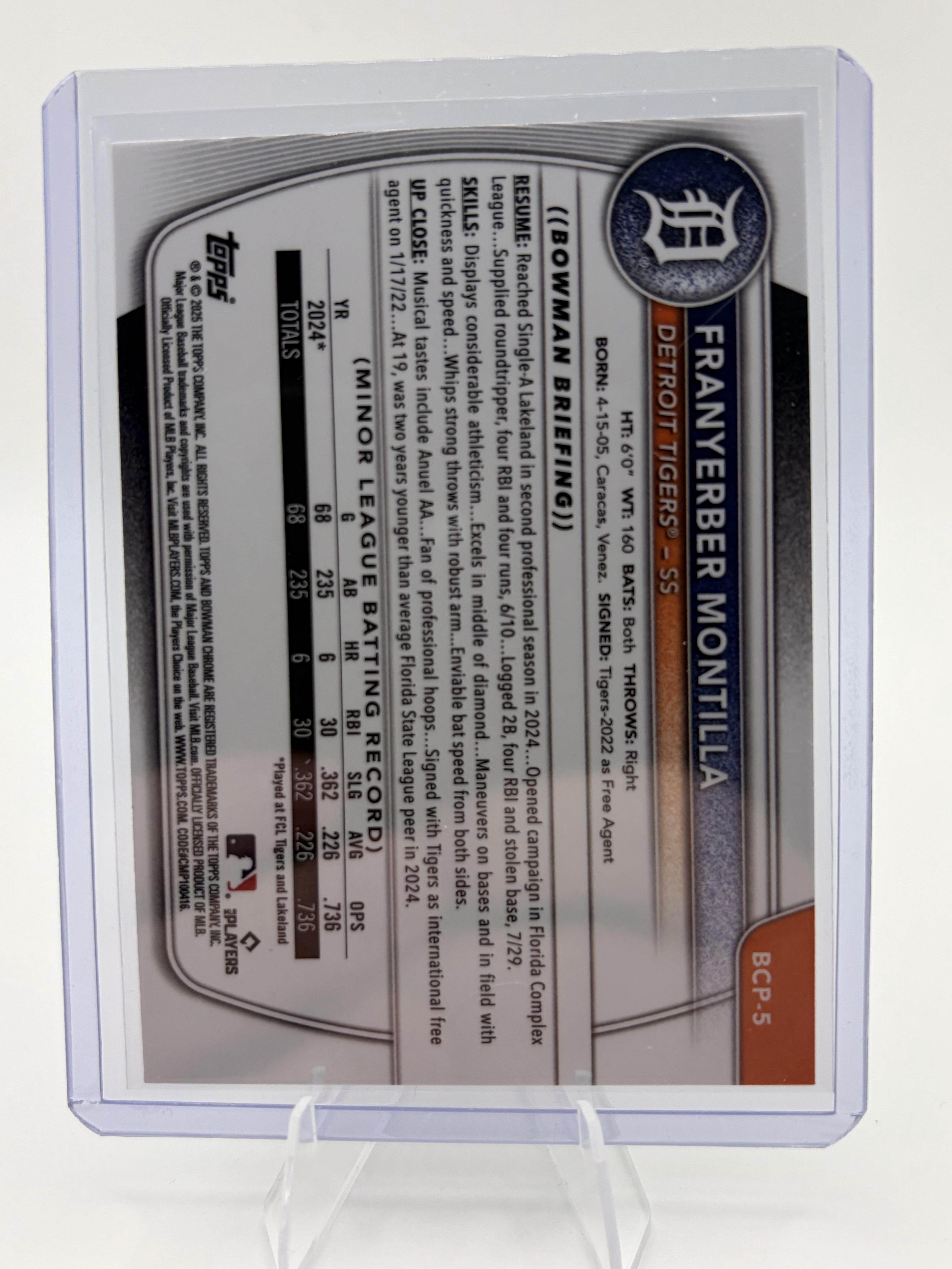 2025 Bowman Chrome Franyerber Montilla 1st Bowman Card BCP-5 Detroit Tigers