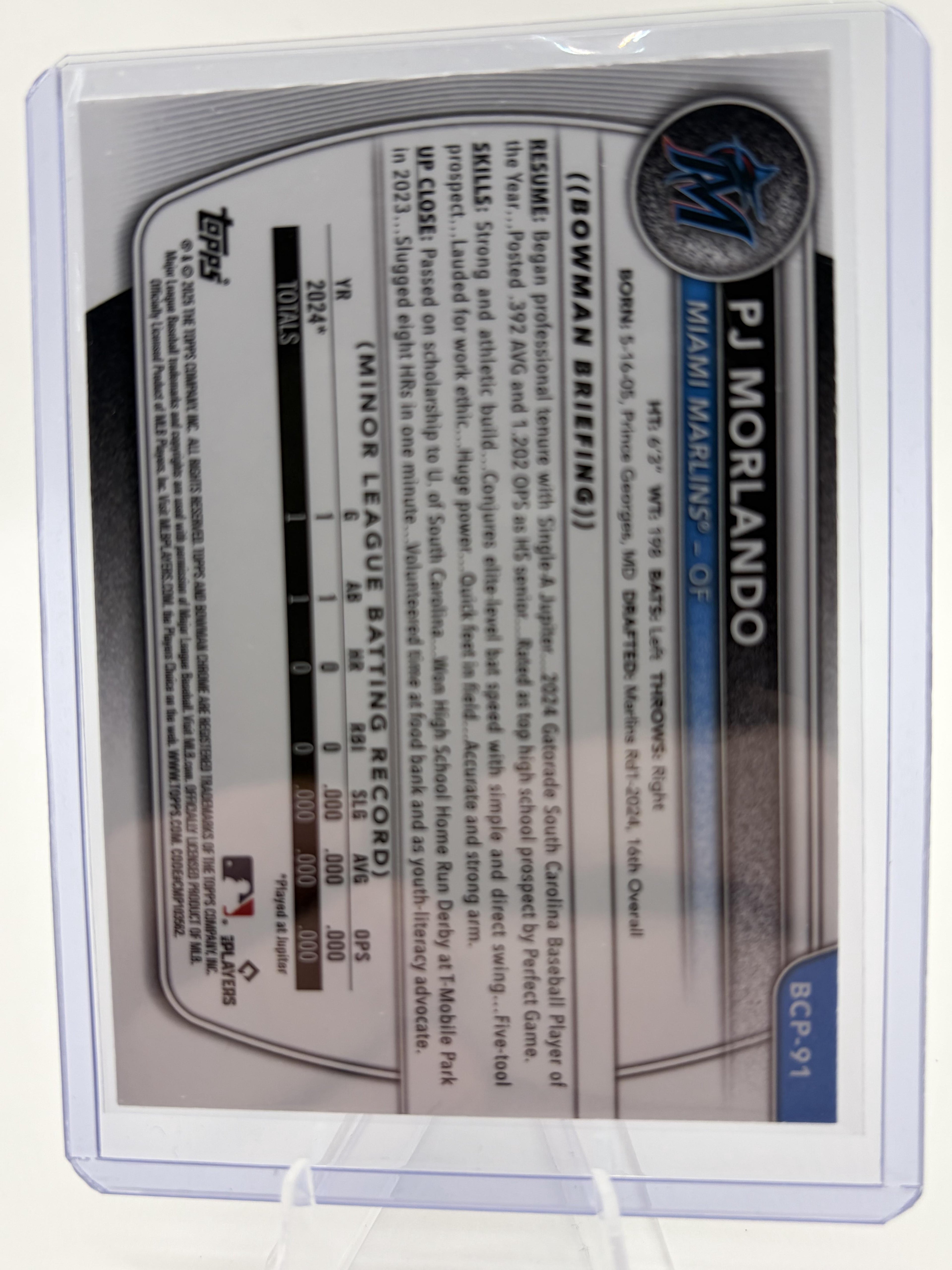 2025 Bowman Chrome PJ Morlando 1st Bowman Mojo Refractor Card BCP-91 Marlins