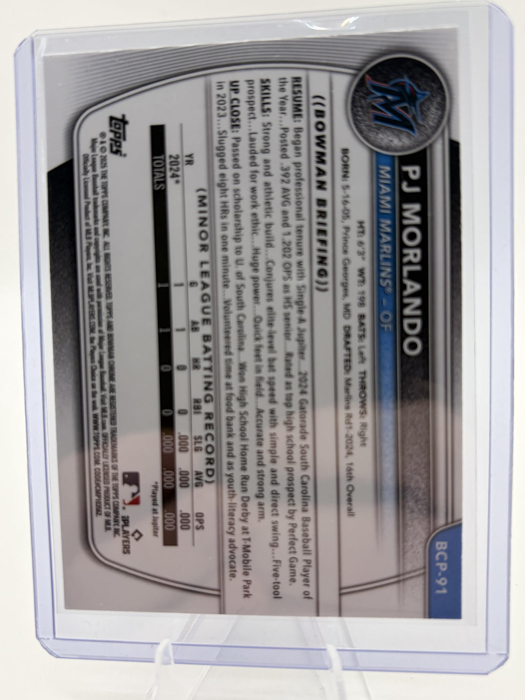 2025 Bowman Chrome PJ Morlando 1st Bowman Mojo Refractor Card BCP-91 Marlins