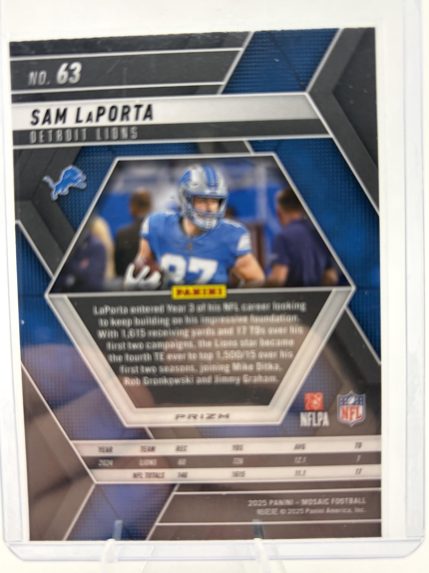 2025 Panini Mosaic Sam LaPorta Reactive Blue Mosaic Prizm Card #63 Lions