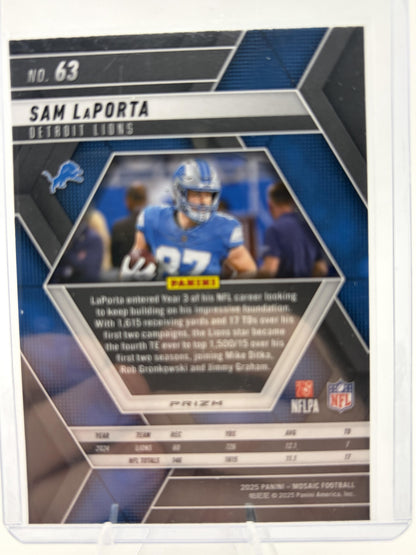 2025 Panini Mosaic Sam LaPorta Reactive Blue Mosaic Prizm Card #63 Lions