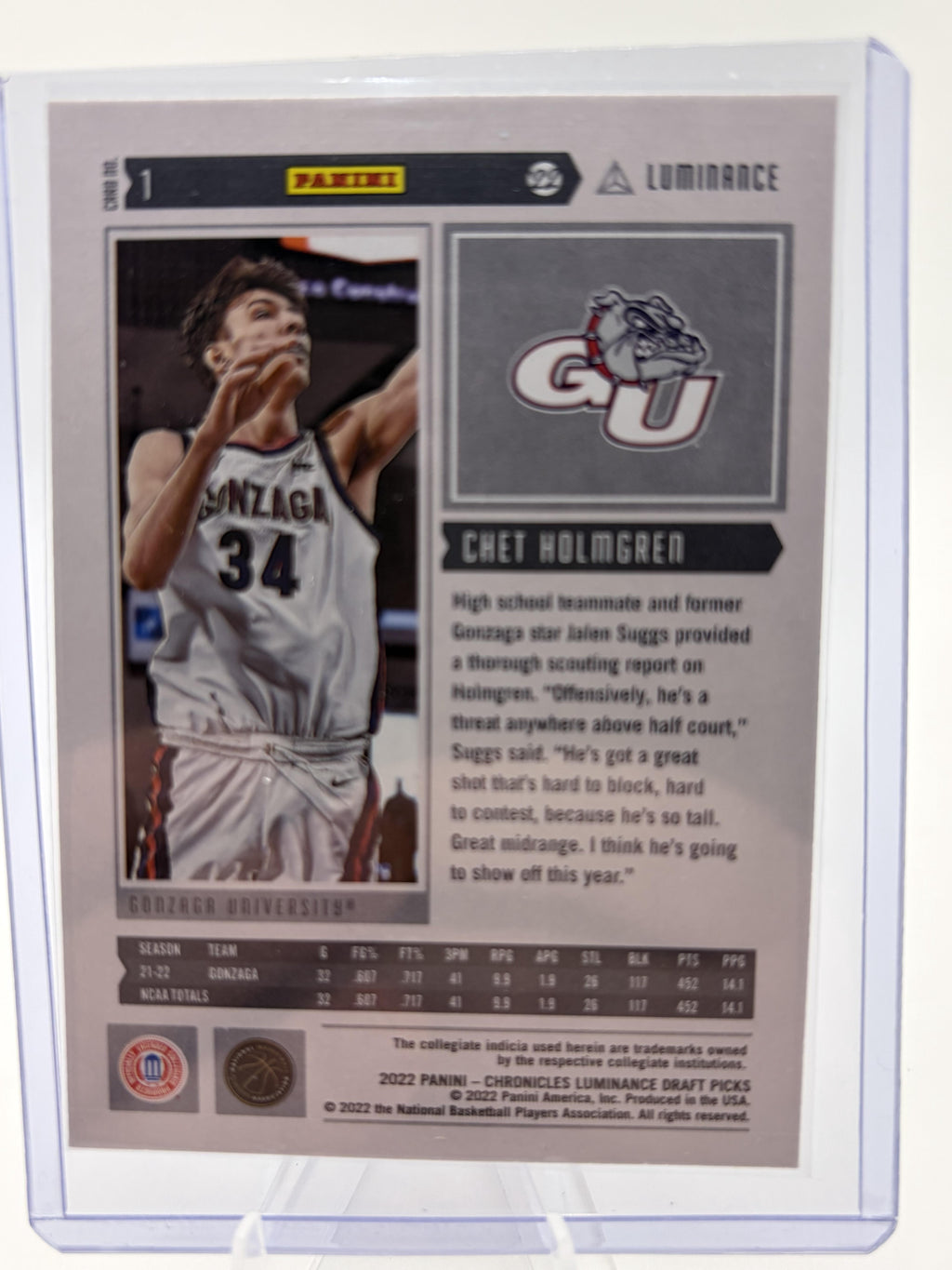 2022 Panini Chronicles Luminance Chet Holmgren Rookie Card #1 Gonzaga