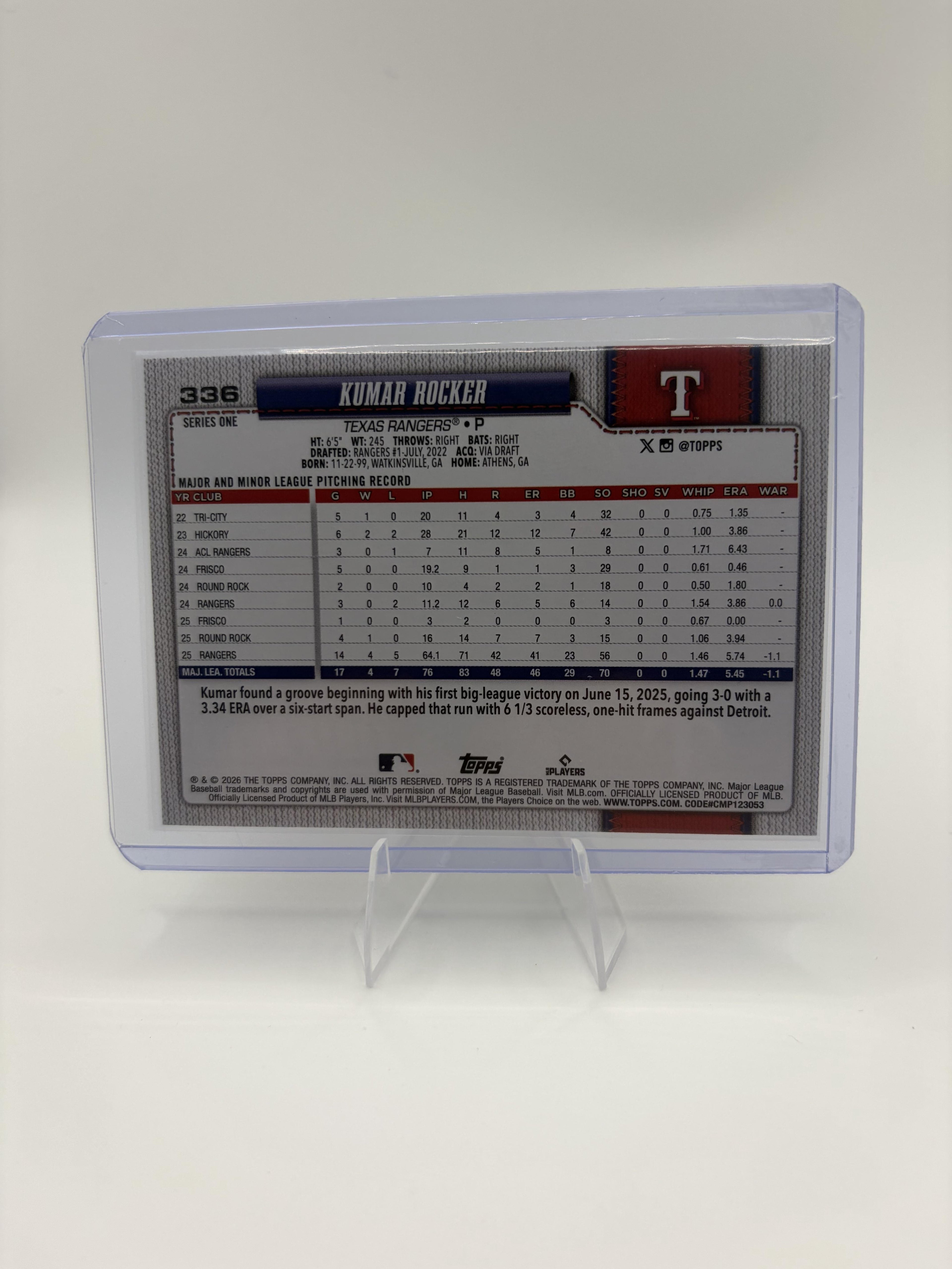2026 Topps Series 1 Kumar Rocker Future Stars Card #336 Rangers Pitcher