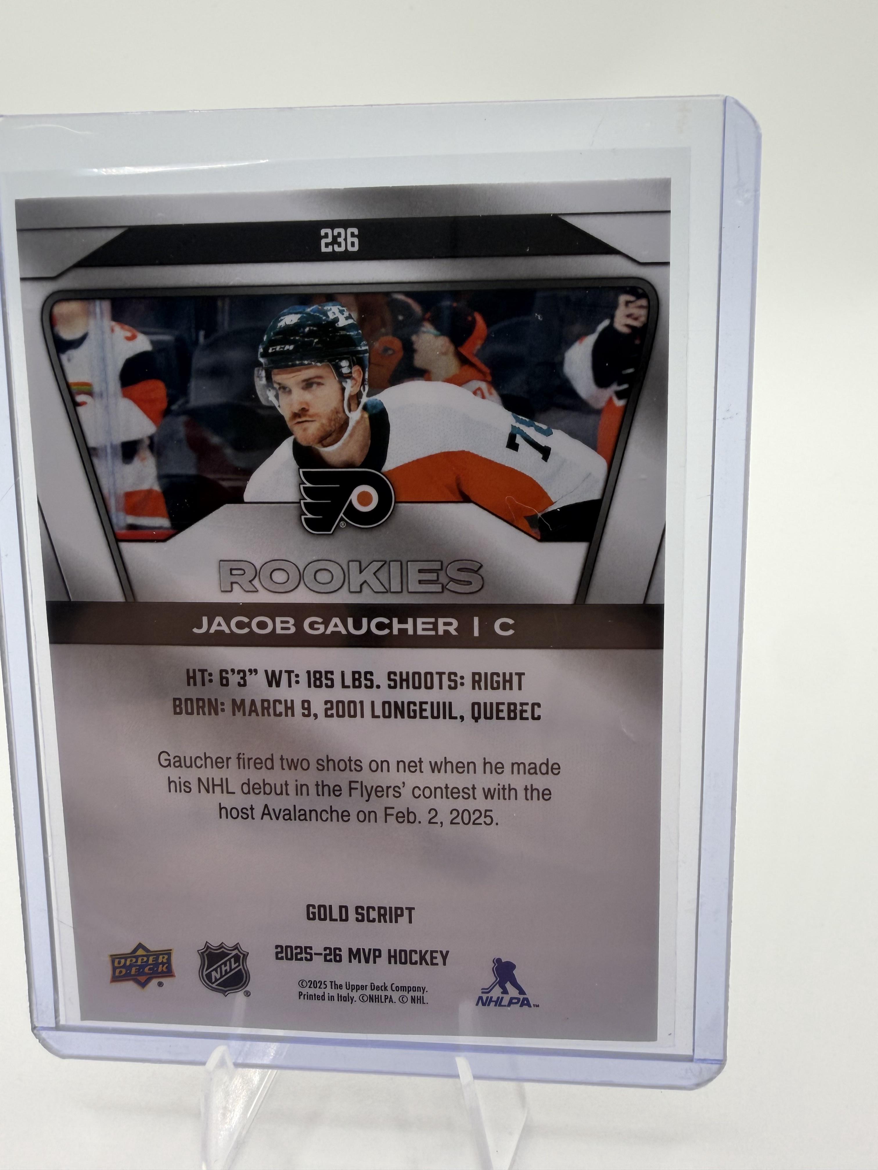2025-26 Upper Deck MVP Jacob Gaucher Gold Script Rookie #236 Flyers Card