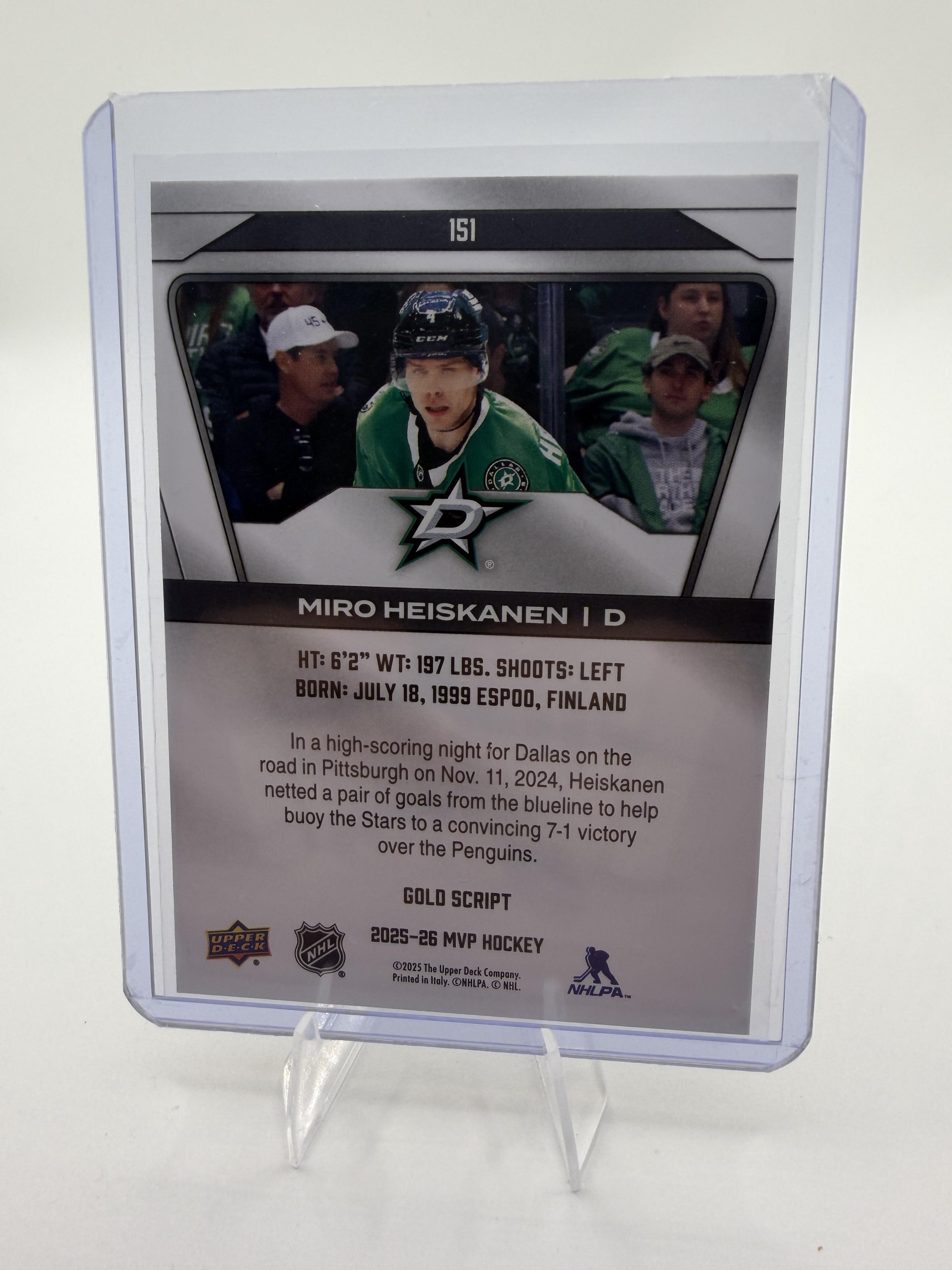 2025-26 Upper Deck MVP Miro Heiskanen Gold Script #151 Stars Card