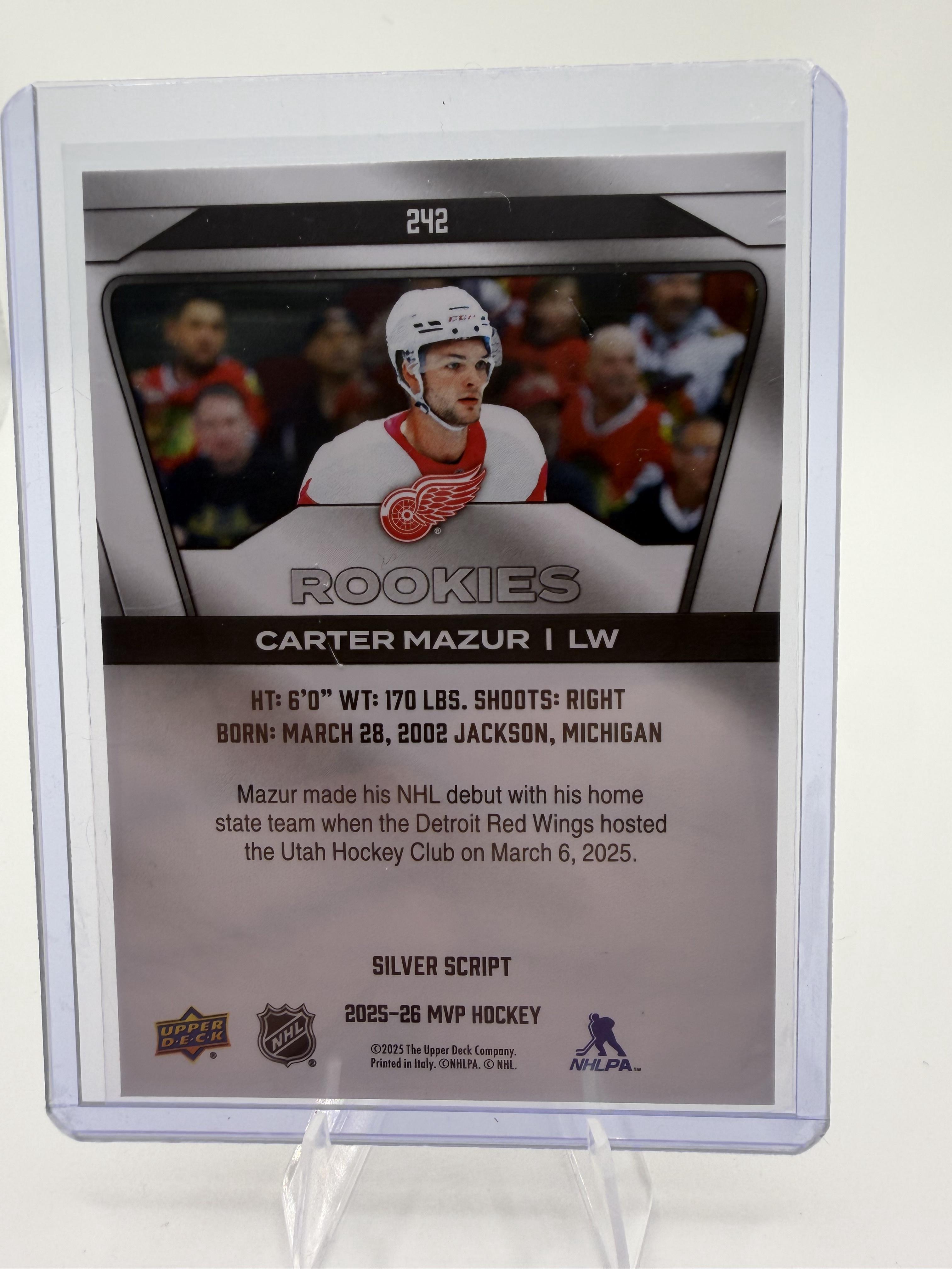 2025-26 Upper Deck MVP Carter Mazur Silver Script Rookie #242 Red Wings Card