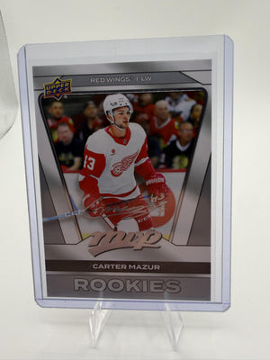 2025-26 Upper Deck MVP Carter Mazur Silver Script Rookie #242 Red Wings Card