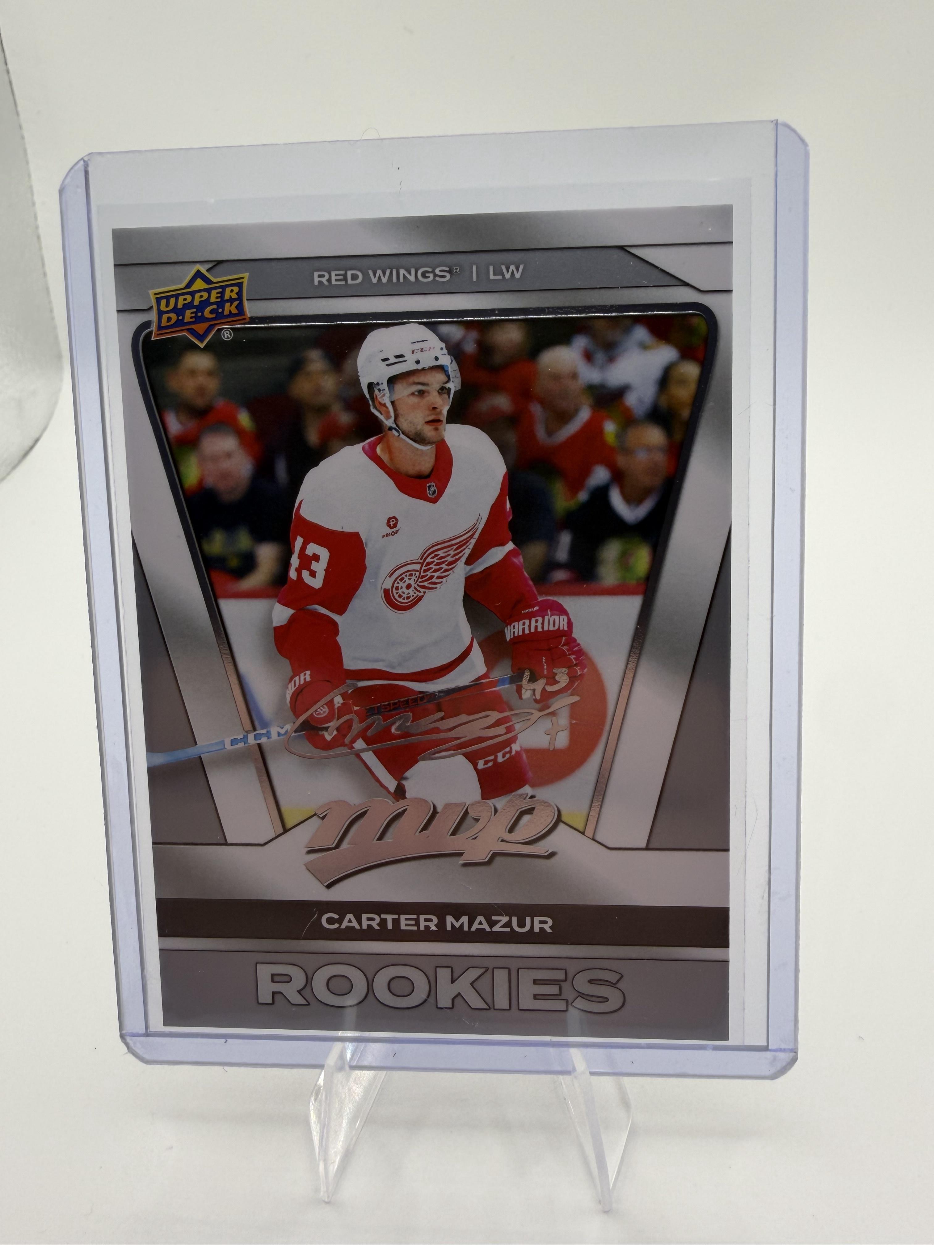 2025-26 Upper Deck MVP Carter Mazur Silver Script Rookie #242 Red Wings Card