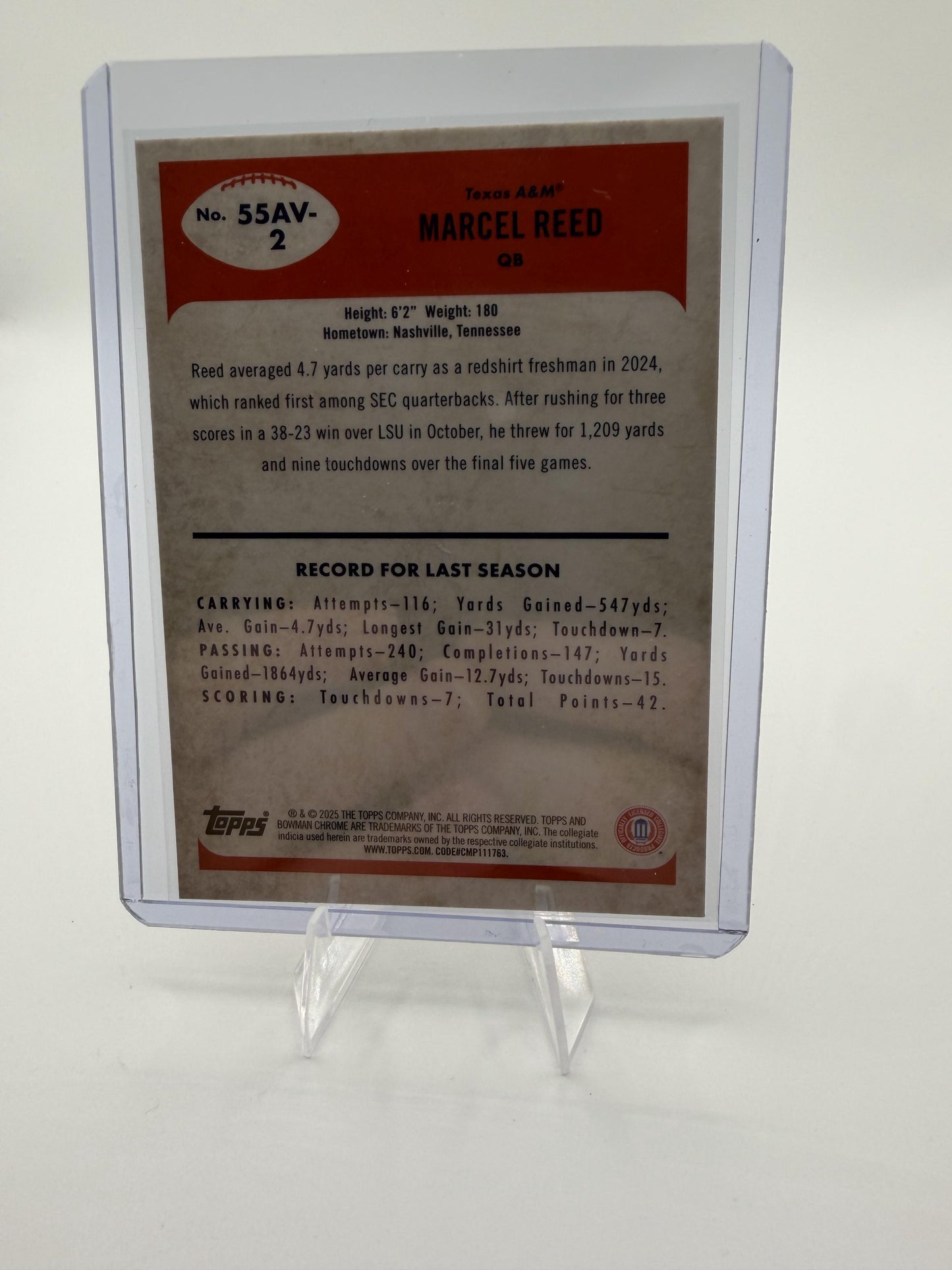2025 Bowman Chrome University Marcel Reed SP Card #55AV-2 Texas A&M
