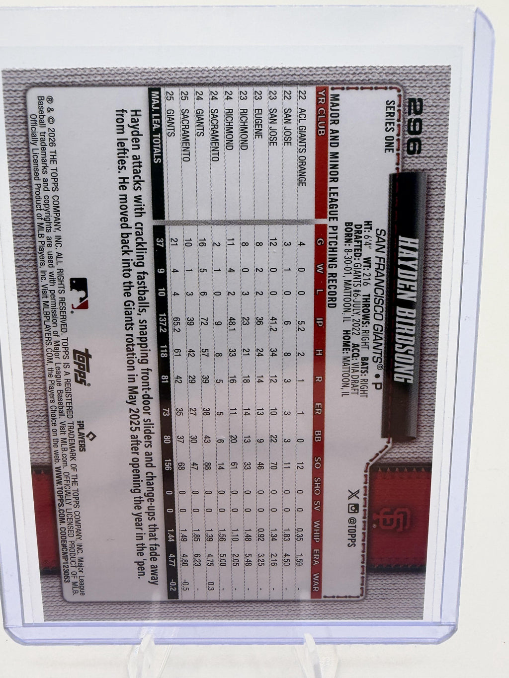 2026 Topps Hayden Birdsong Future Stars Card #296 Giants