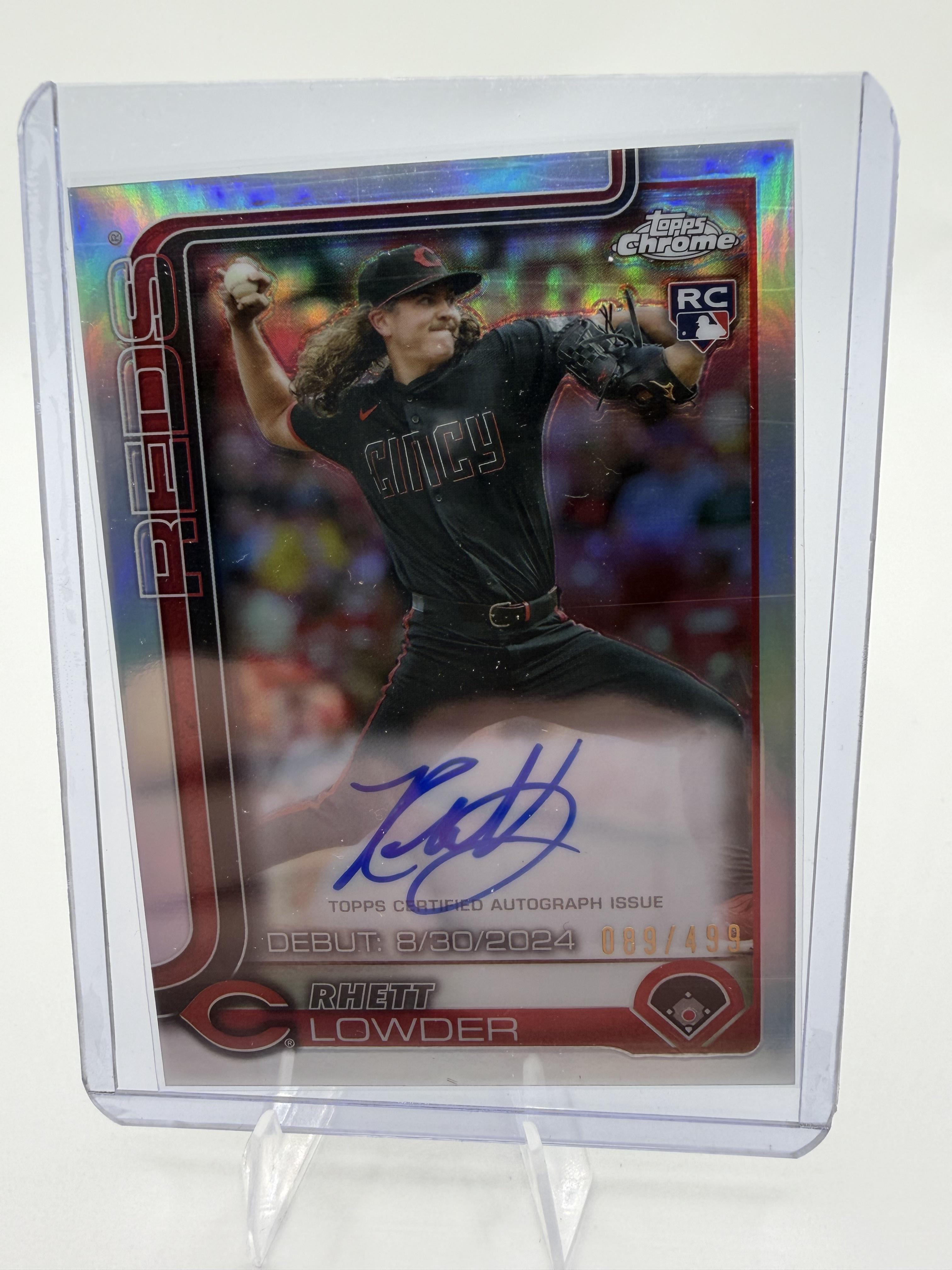 2025 Topps Chrome Rhett Lowder Rookie Debut On-Card Auto RC /499 Reds Card