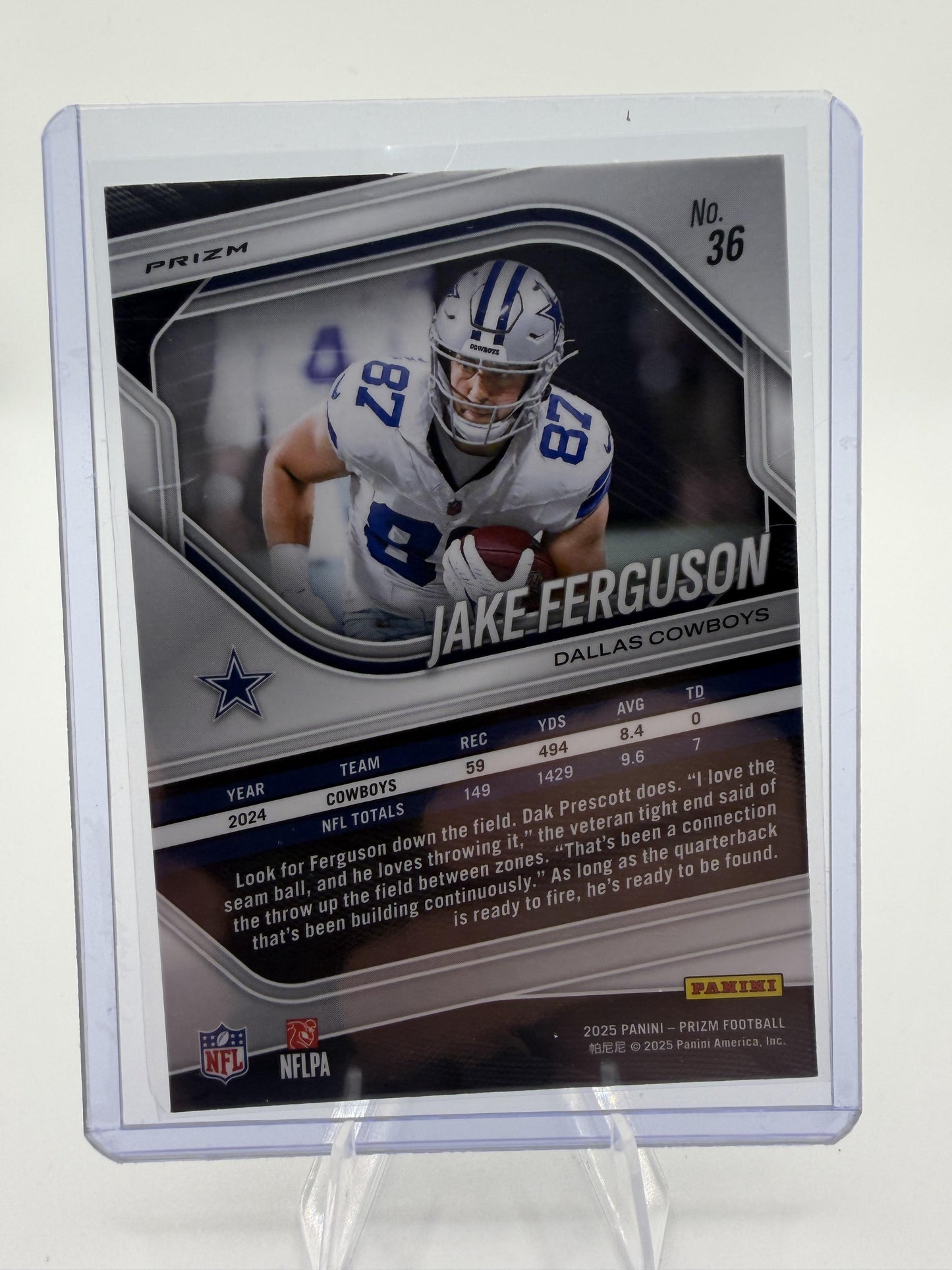 2025 Panini Prizm Jake Ferguson Silver Disco Prizm Card #36 Dallas Cowboys