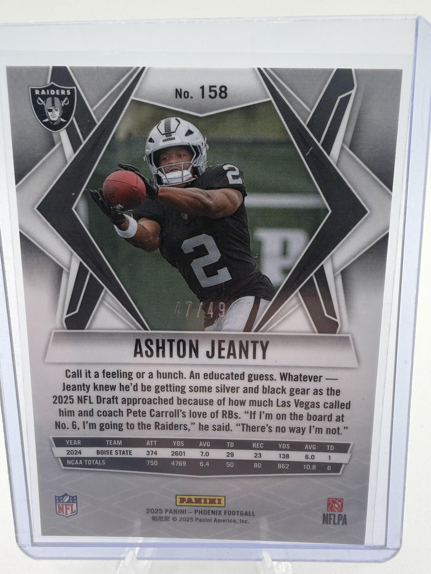 2025 Panini Phoenix Ashton Jeanty Green Lazer Parallel /49 Raiders Card #158