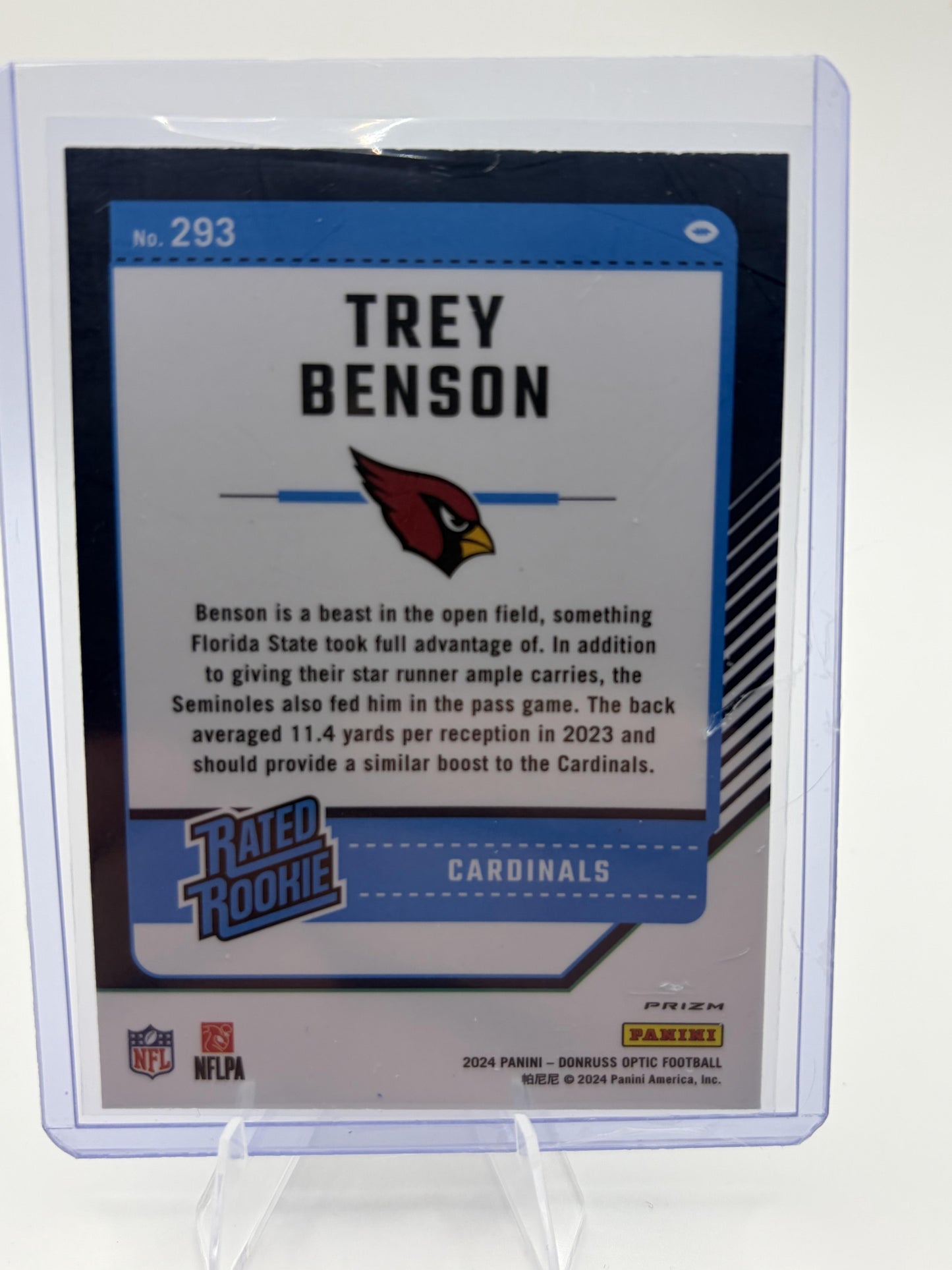 2024 Donruss Optic Trey Benson Blue Velocity Rated Rookie #293 Cardinals Card