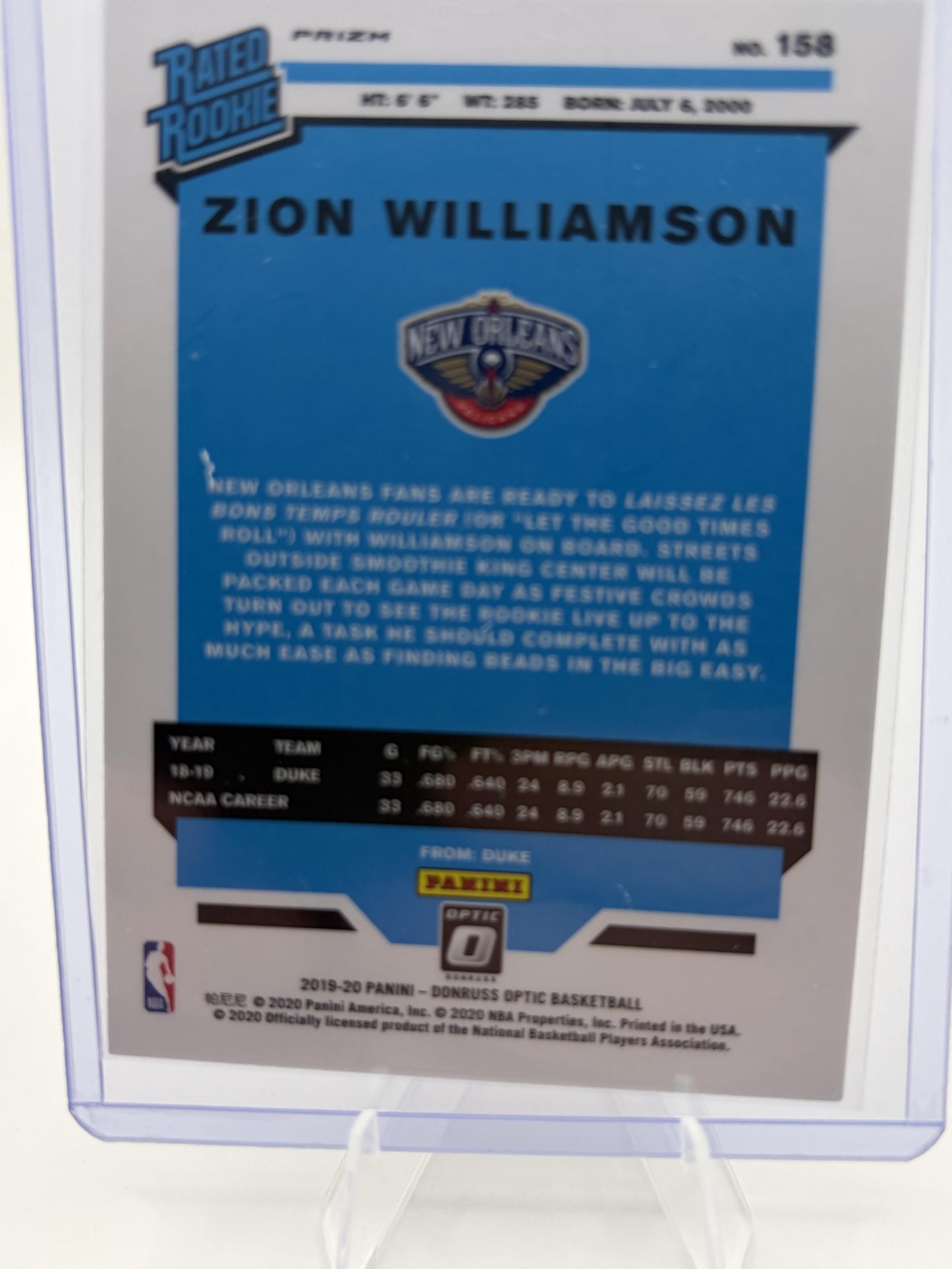 2019 Donruss Optic Zion Williamson Pink Hyper  Rated Rookie Card #158 Pelicans