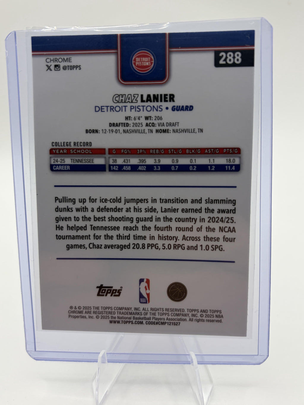 2025 Topps Chrome Chaz Lanier RC #288 Detroit Pistons Rookie Card
