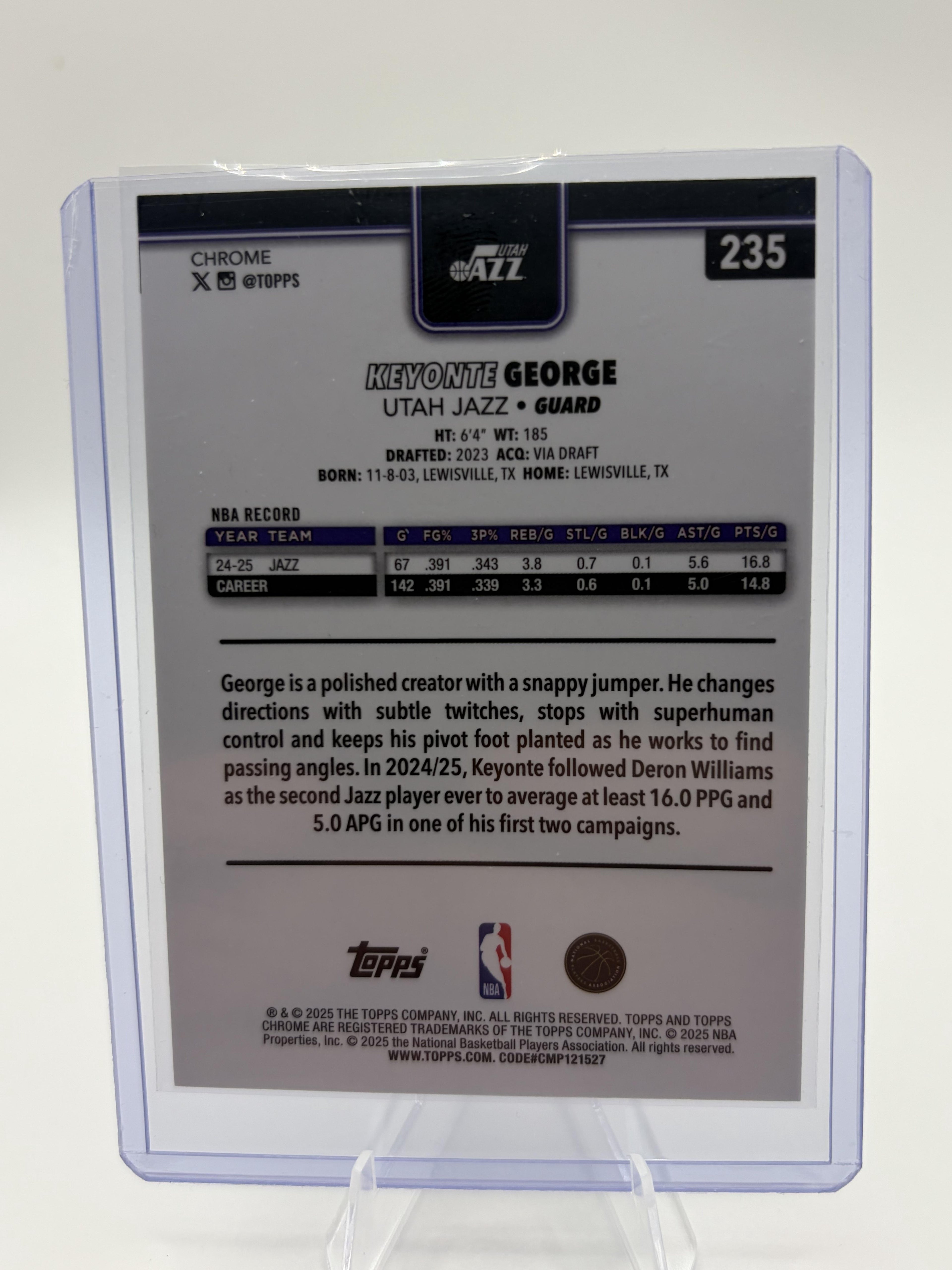 2025 Topps Chrome Keyonte George Card #235 Red White Blue Parallel Utah Jazz
