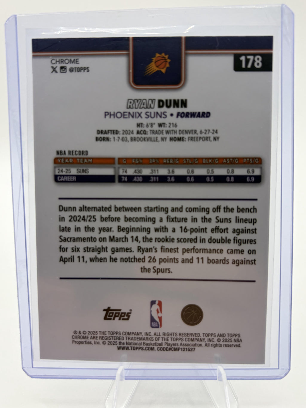 2025 Topps Chrome Ryan Dunn RC Rookie Card #178 Prizm Red White Blue Suns