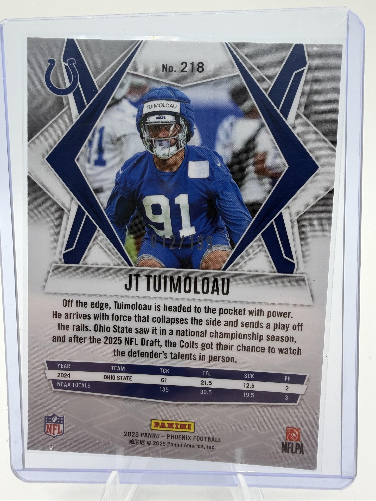 2025 Panini Phoenix JT Tuimoloau Rookie Card Blue Parallel /199 Colts RC #218