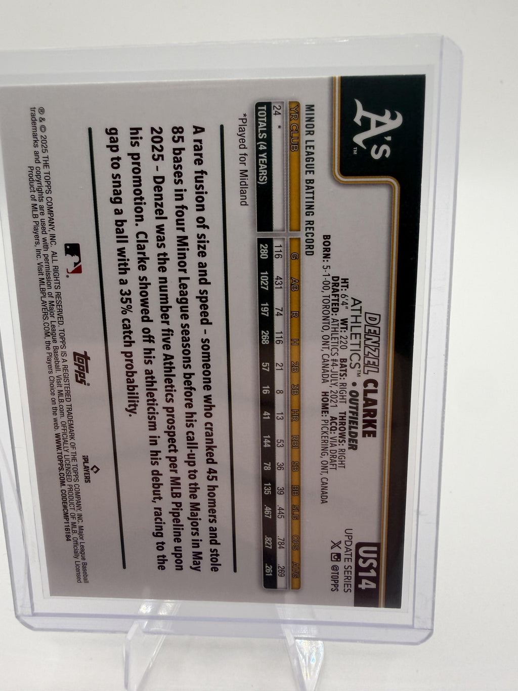 2025 Topps Update Denzel Clarke RC #US14 Silver Crackle Foil Oakland A's Card