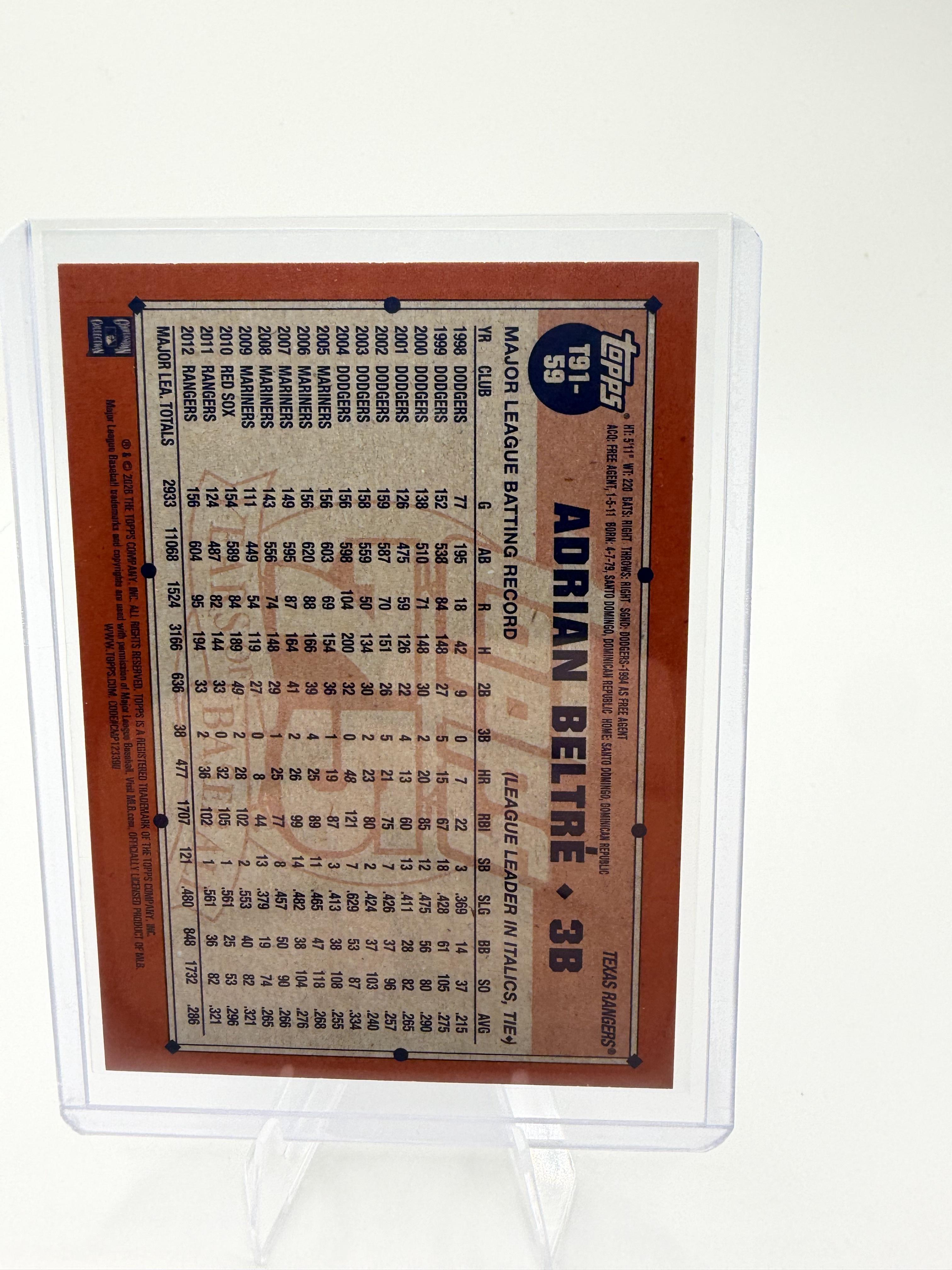 2026 Topps 1991 Baseball 35th Anniv Adrian Beltre #T91-59 Texas Rangers Card
