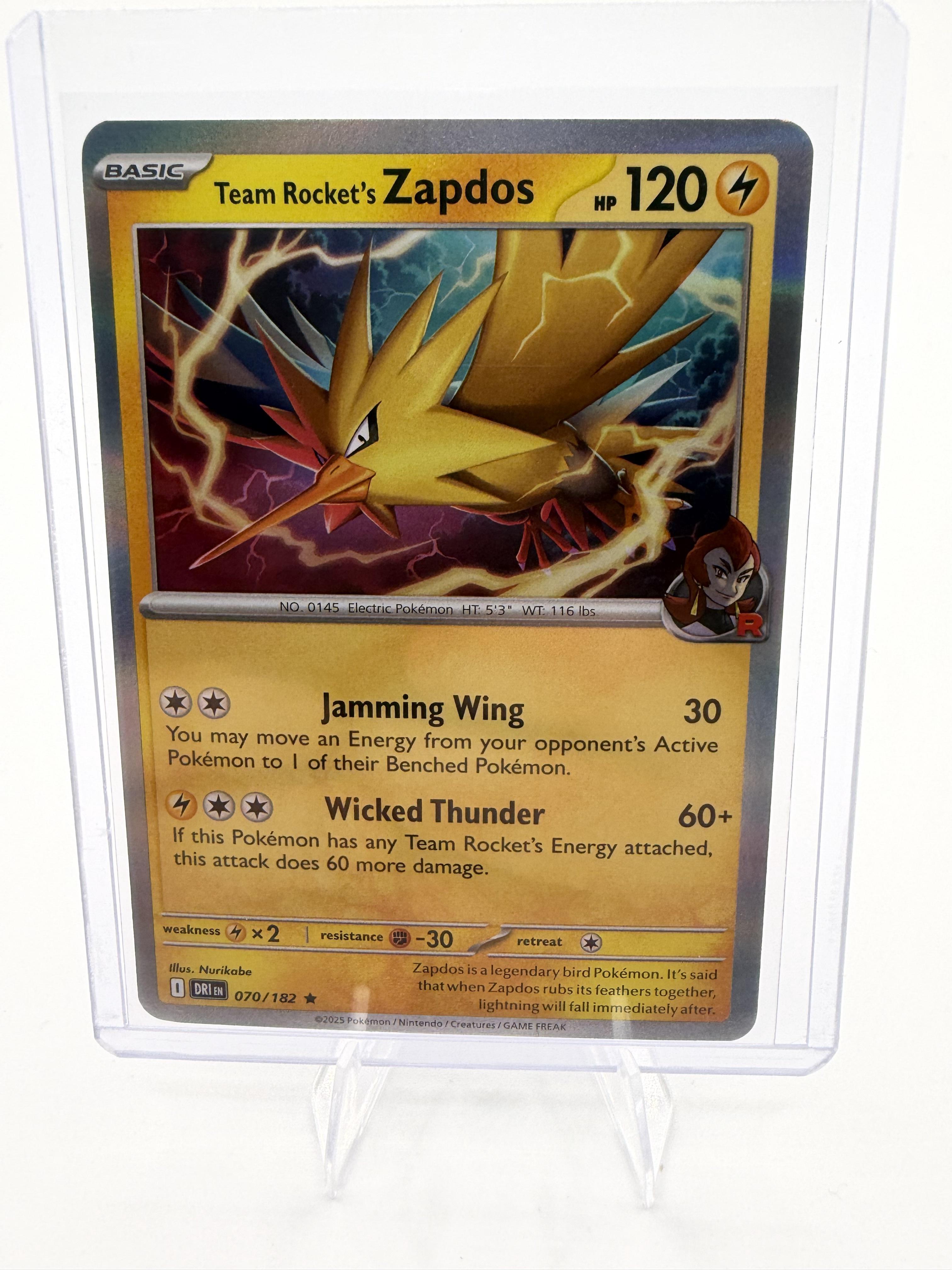 2025 SV10: Team Rocket’s Zapdos 070/182 Rare Pokémon Card DRN 2025 Holo Card